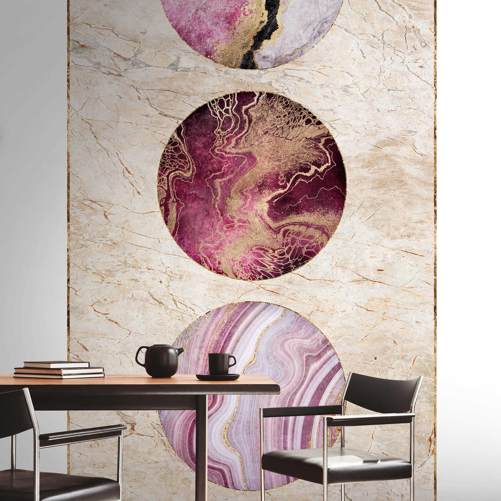 Colourful marble non-woven wallpaper with circles and gold accents - beige, gold, pink
