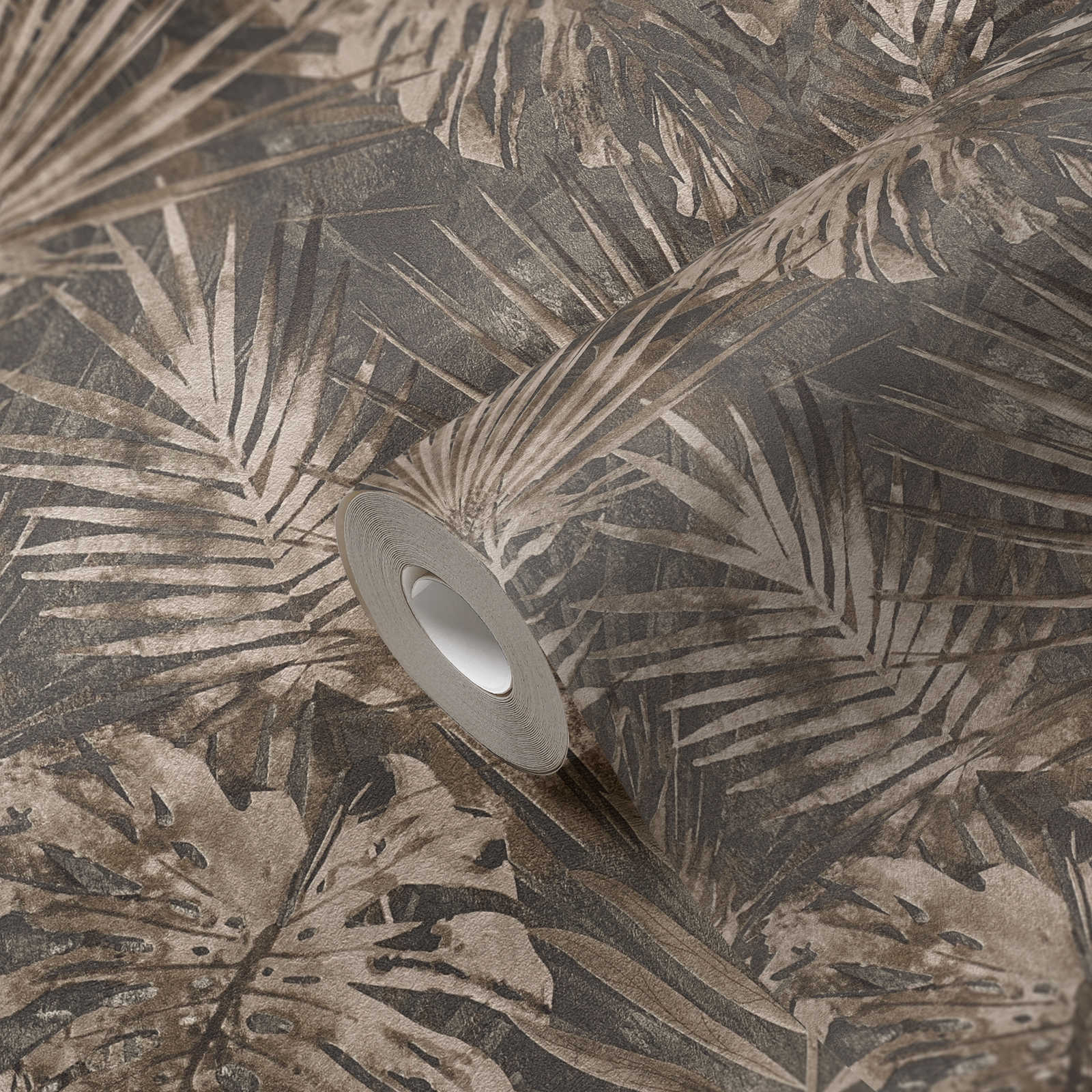             Jungle wallpaper with tropical leaf pattern PVC-free - brown, beige, anthracite
        