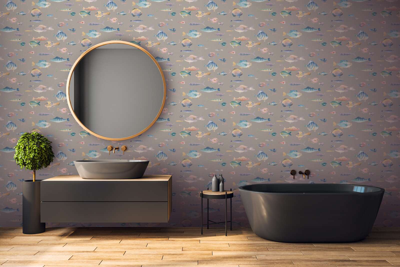             Maritime non-woven wallpaper with fish motifs - grey, colourful, blue
        