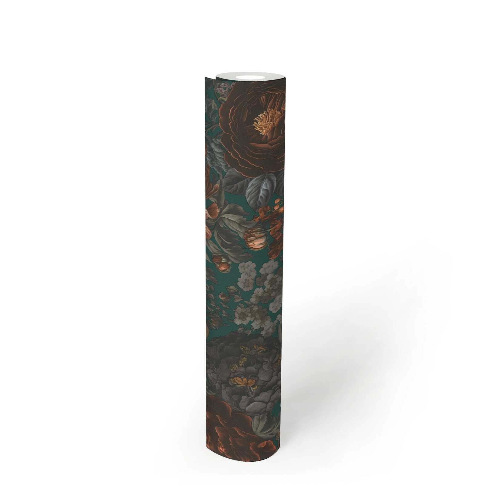             Non-woven wallpaper with large floral pattern in vintage look - green, grey, orange
        