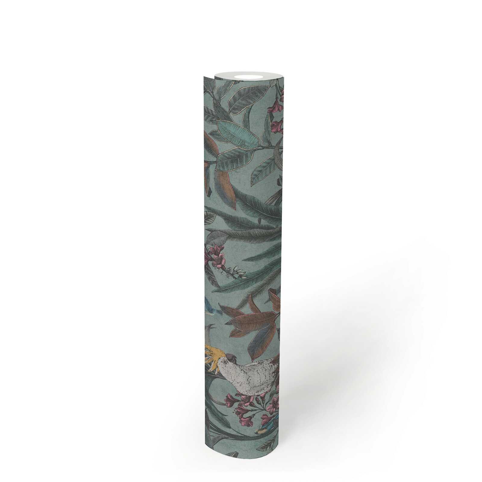             Non-woven wallpaper jungle with parrot in vintage design - green, blue, pink
        