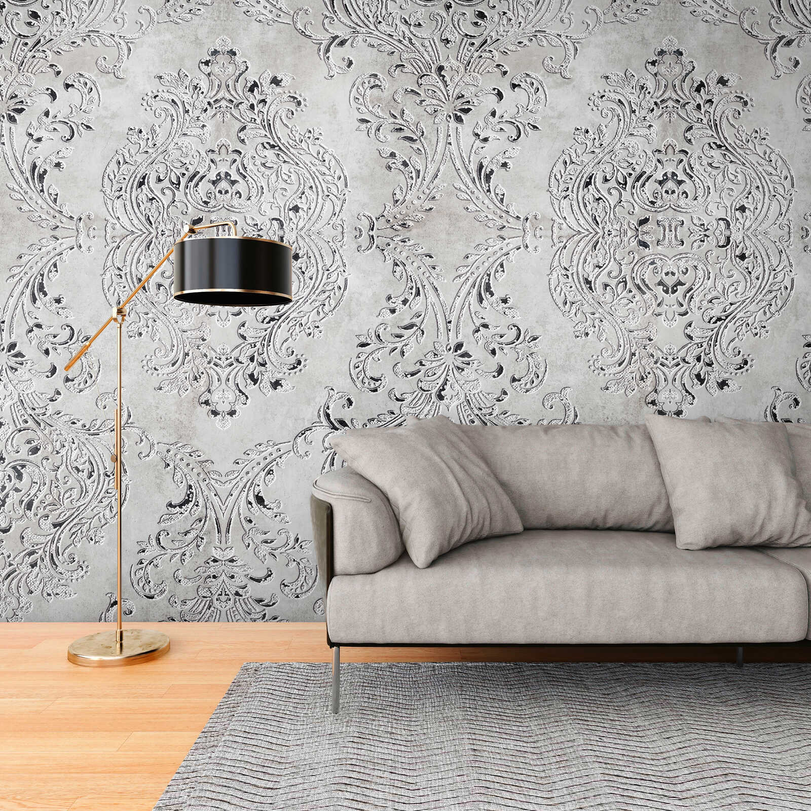 Elegant baroque non-woven wallpaper with magnificent ornaments and a large-scale pattern repetition - grey
