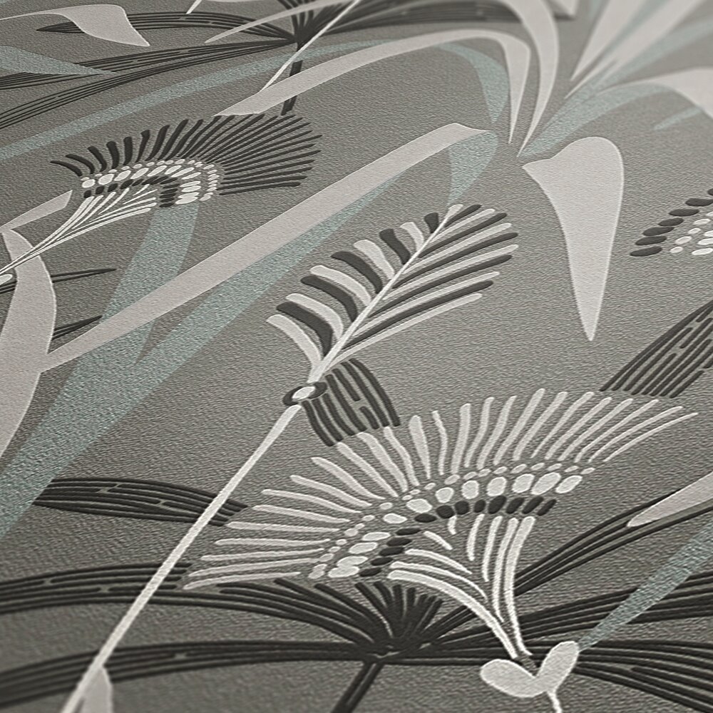             Non-woven wallpaper with flowers and grasses in a retro look - grey, blue, green
        