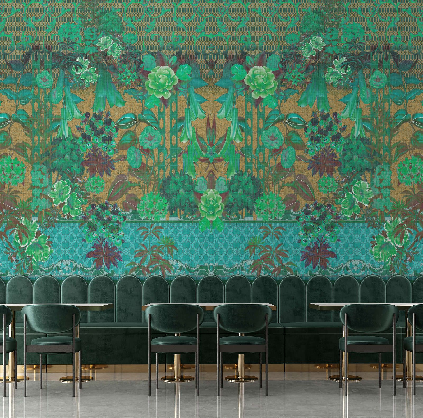             Fotomural »sati 2« - Diseño floral y ornamentos con aspecto de estructura de lino - Verde | mate, liso no tejido
        