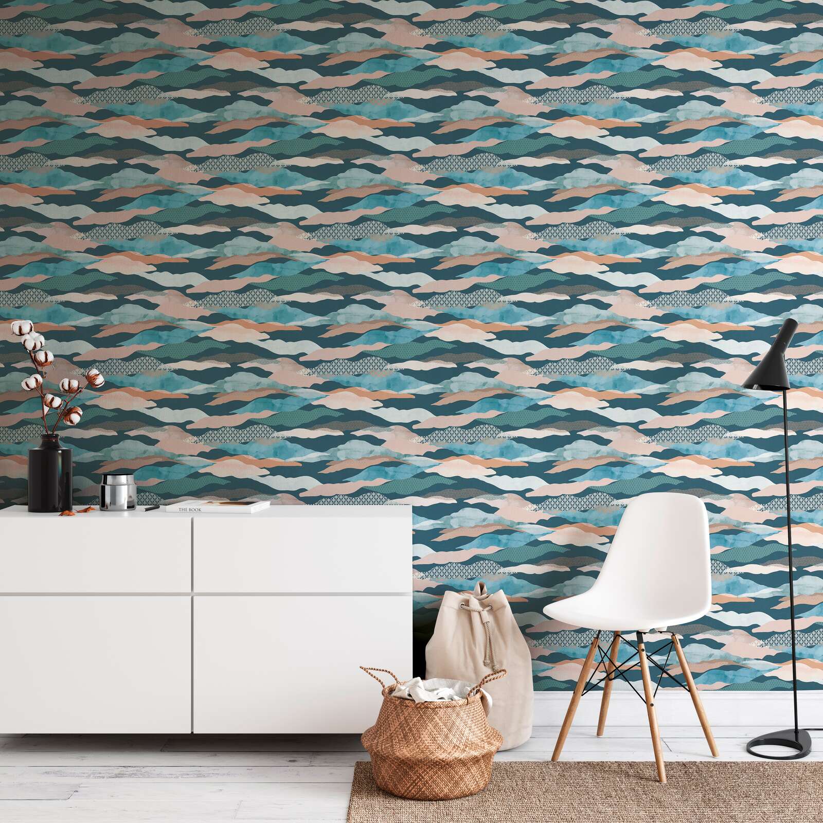             Non-woven wallpaper with abstract wave and cloud pattern - blue, green, pink
        