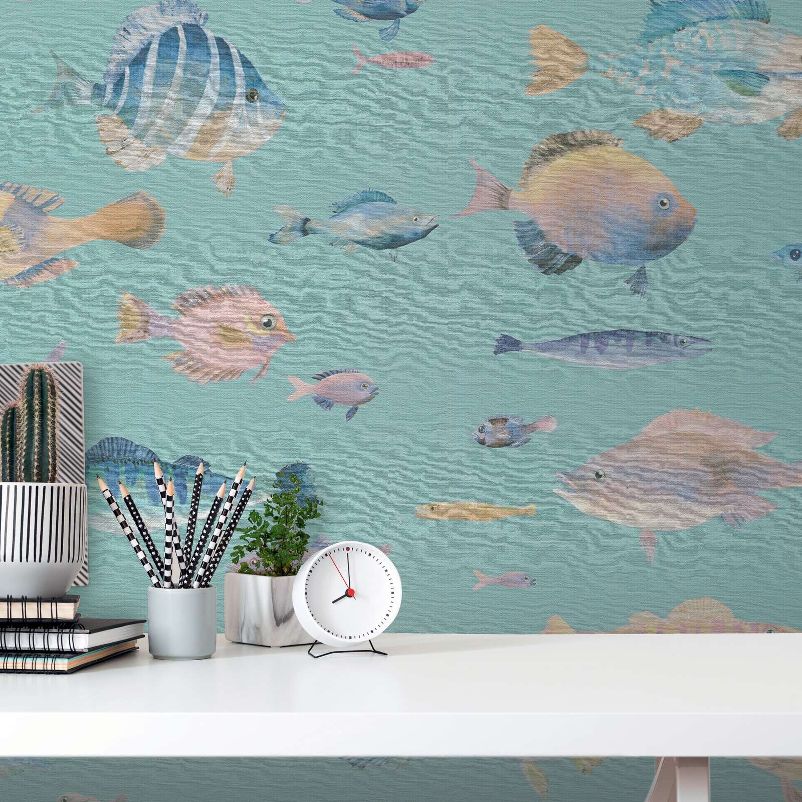             Papel pintado no tejido mundo submarino con peces - azul, colorido, violeta
        