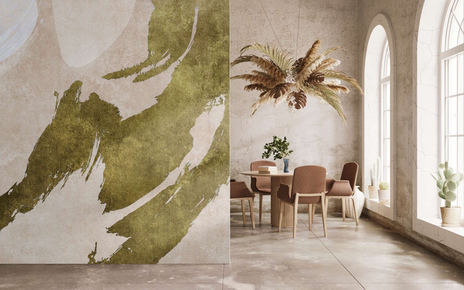             Photo wallpaper »temu« - Brushstrokes with abstract design - Green, cream with vintage plaster texture | Smooth, slightly pearlescent non-woven fabric
        