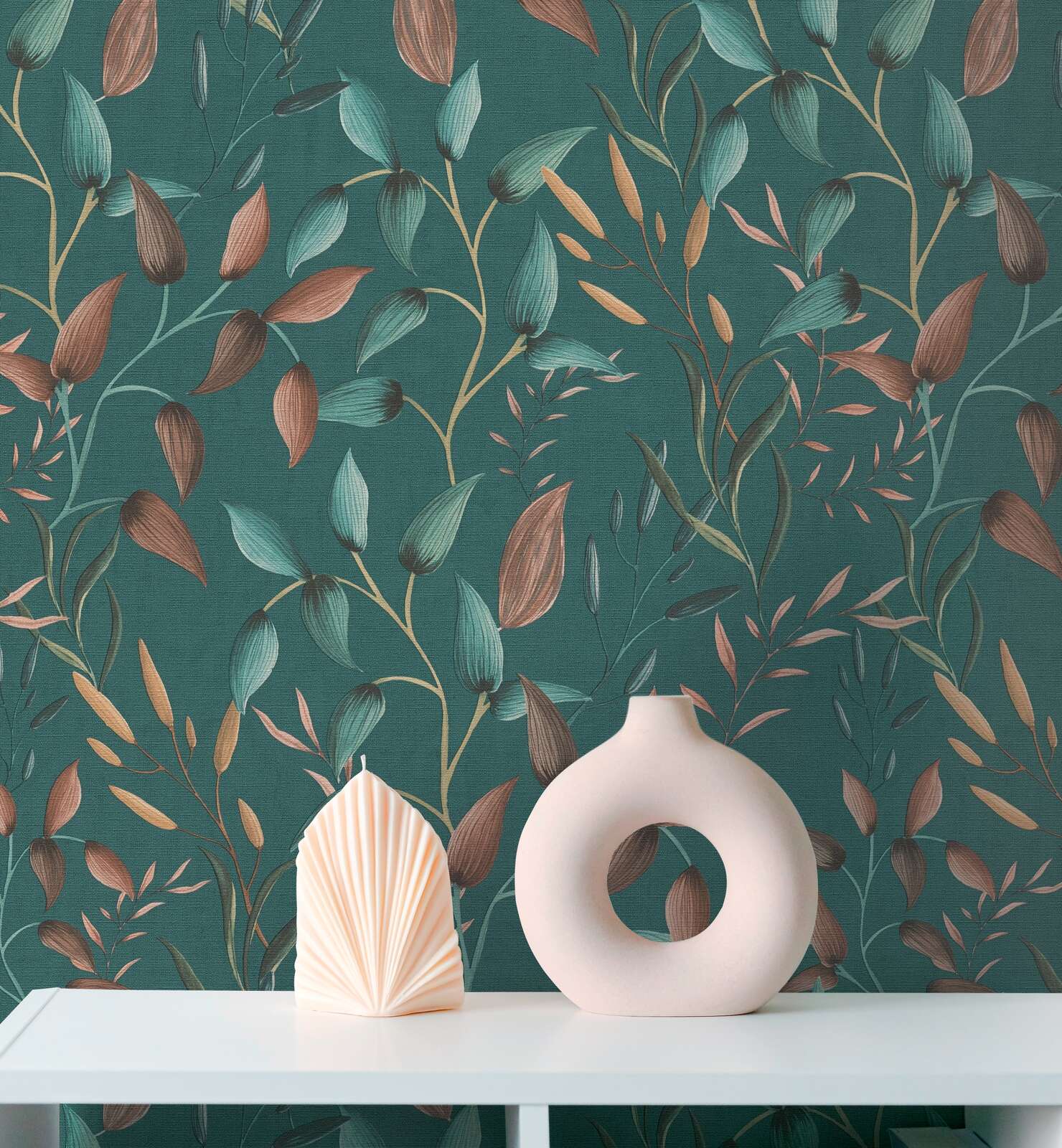             Non-woven floral wallpaper with tendril motif - green, petrol, orange
        