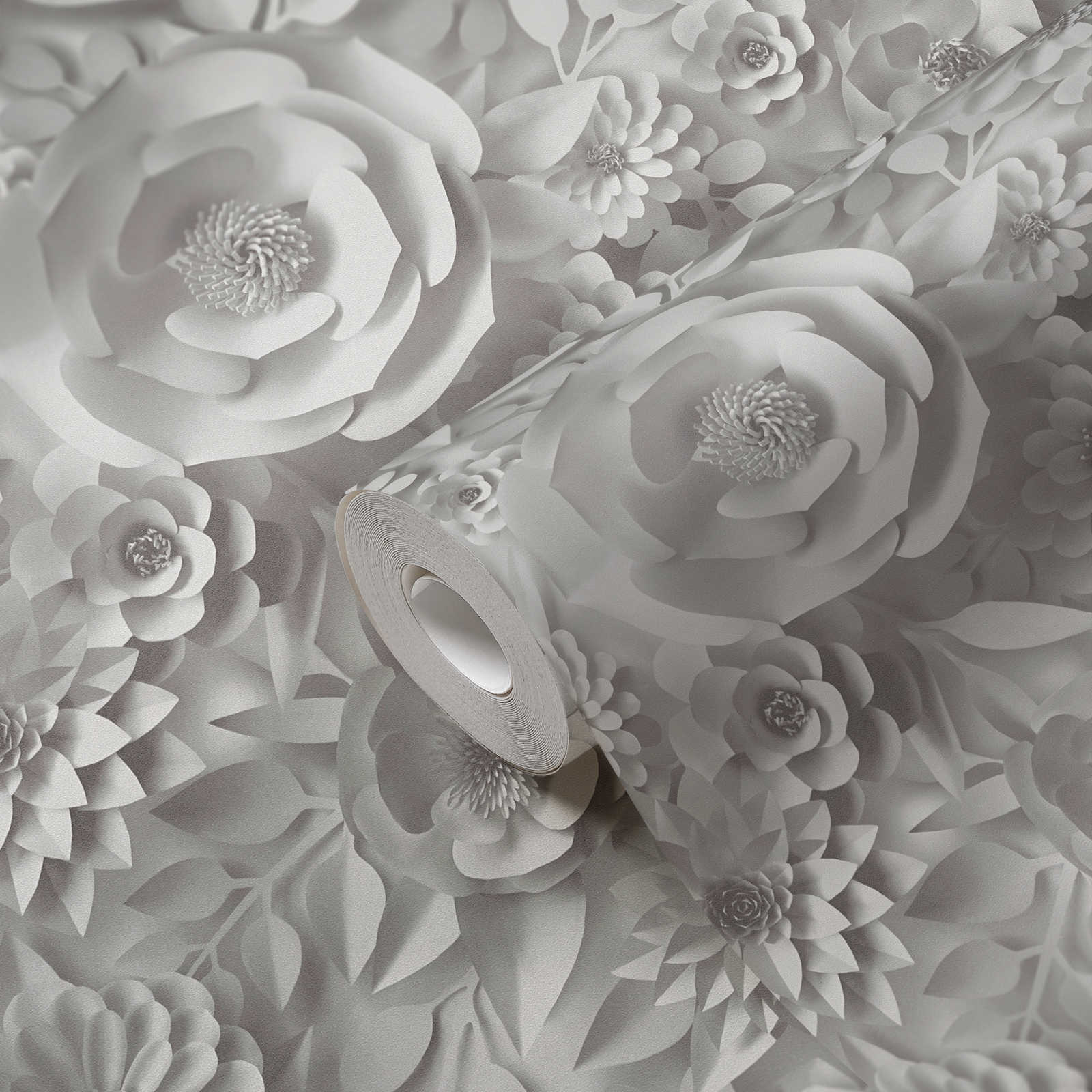             3D wallpaper with paper flowers, graphic floral pattern - white
        