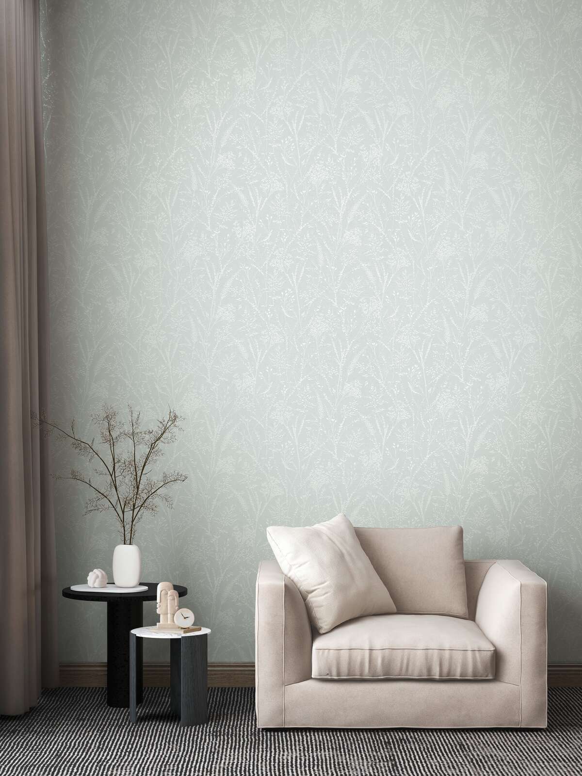             Non-woven wallpaper with vine motif and textile surface - green, light green, white
        