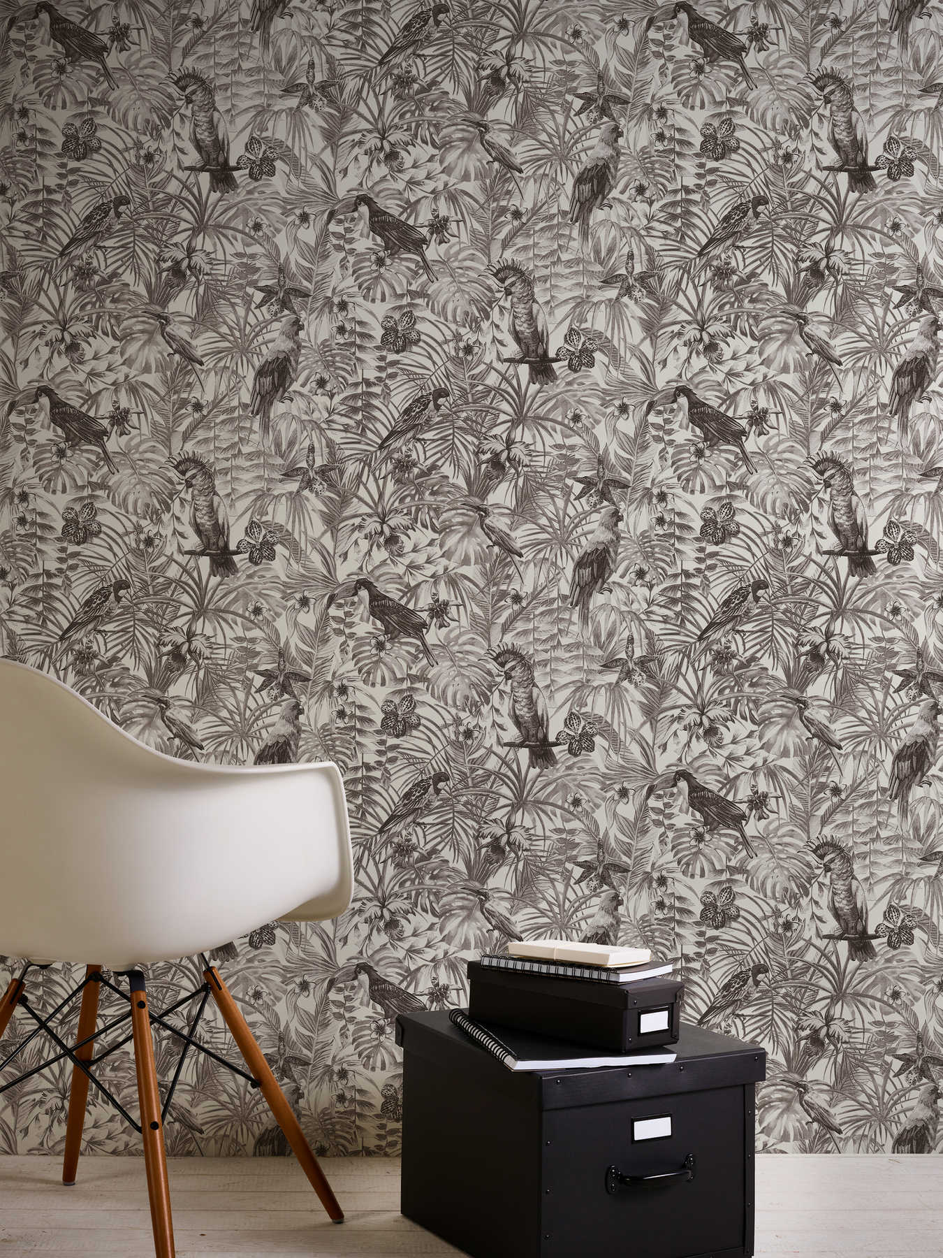             Exotic wallpaper tropical birds, flowers & leaves - black, white, grey
        