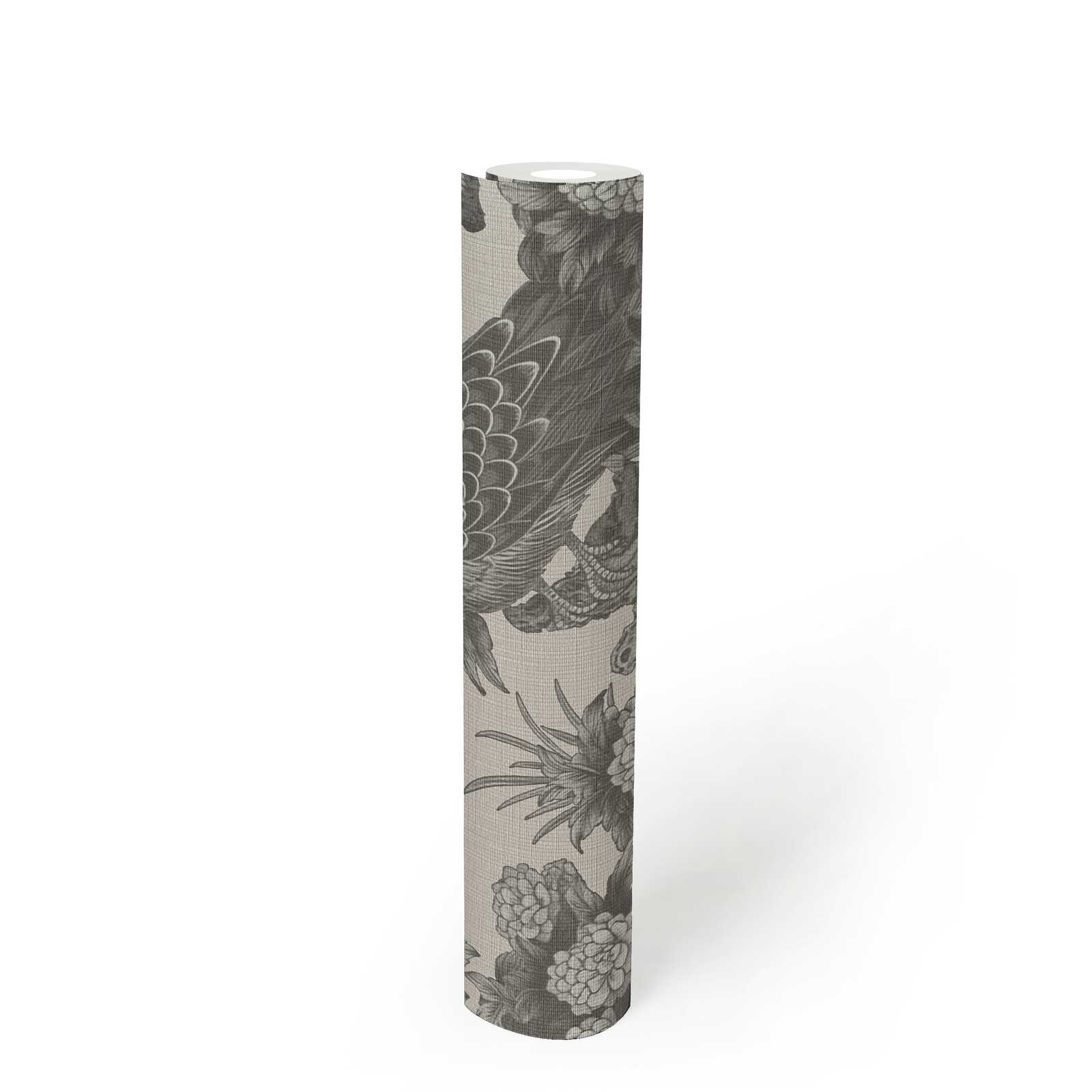             Papel pintado no tejido de estilo campestre inglés con motivos florales y pájaros - gris, beige
        