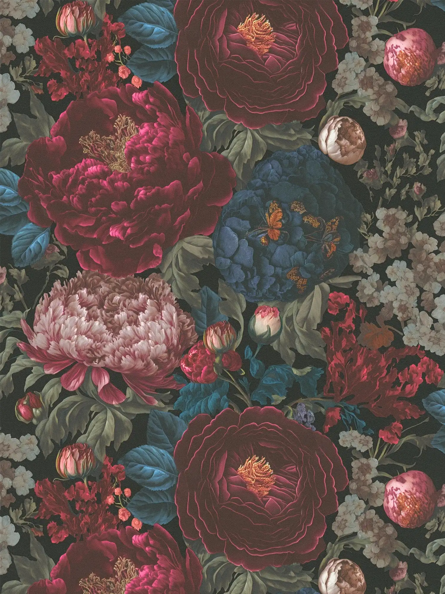             Opulento papel pintado no tejido con un magnífico motivo floral - rojo, azul, negro
        