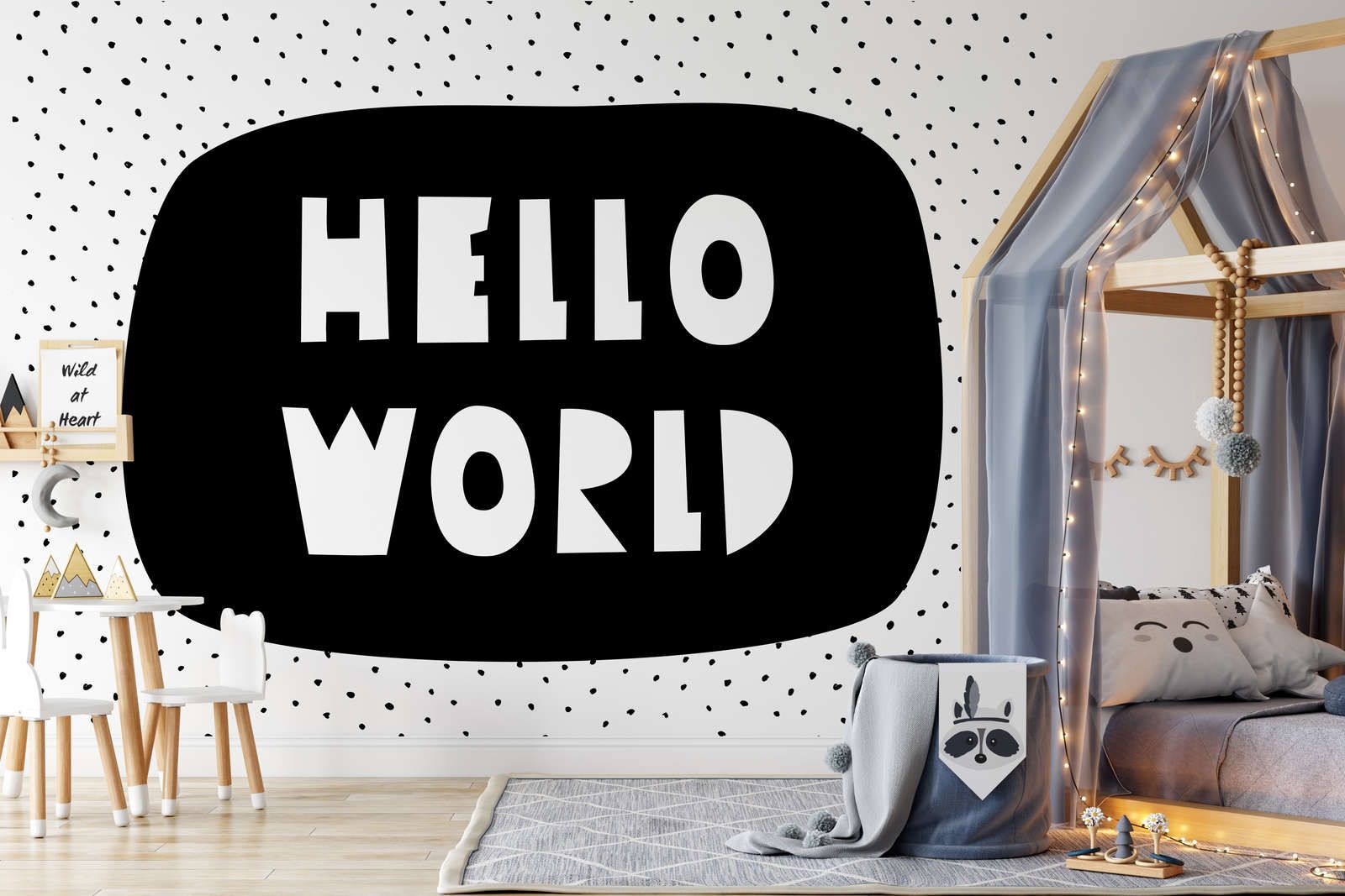             Fotomural para habitación infantil con letras "Hello World" - Fibra polar lisa y nacarada
        
