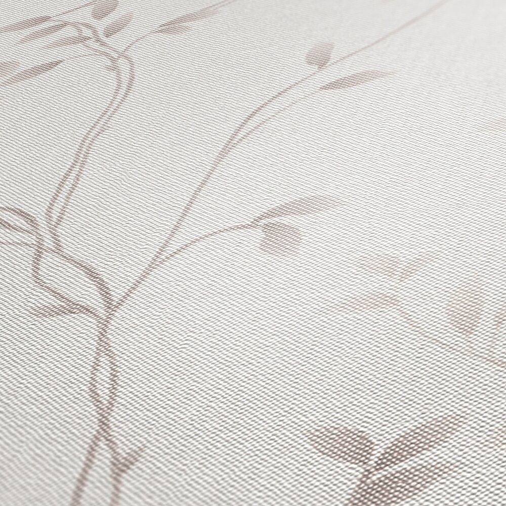             Plain non-woven wallpaper with leaf tendrils and surface texture - cream, beige
        