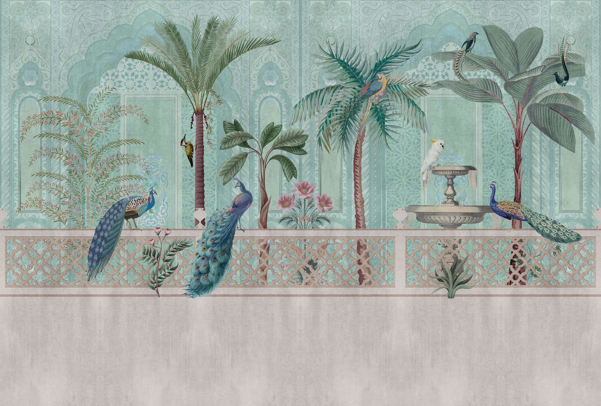             papier peint en papier panoramique »pavo« - oiseaux, palmiers & fontaines - vert, bleu avec structure gobelin | Intissé premium lisse et légèrement brillant
        