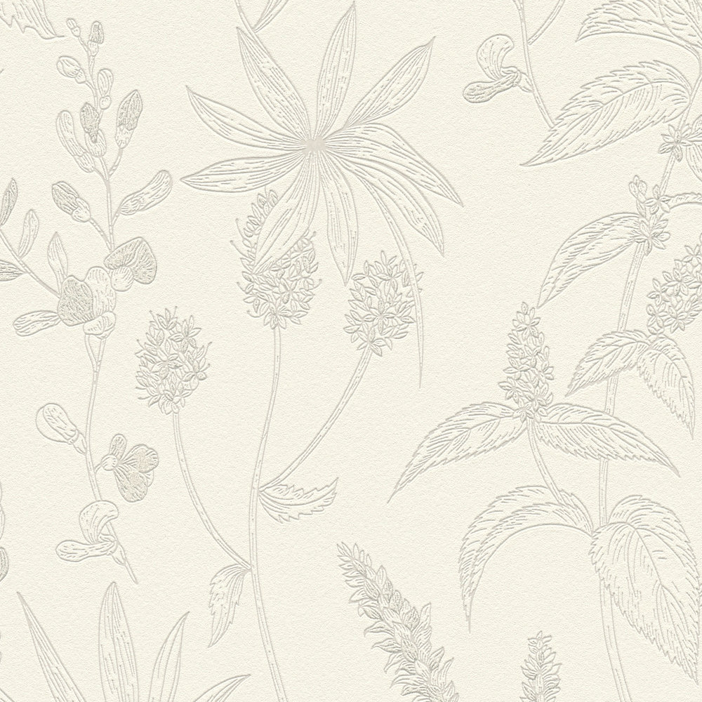             Papier peint intissé avec motif floral et accent métallique - beige, argent, blanc
        