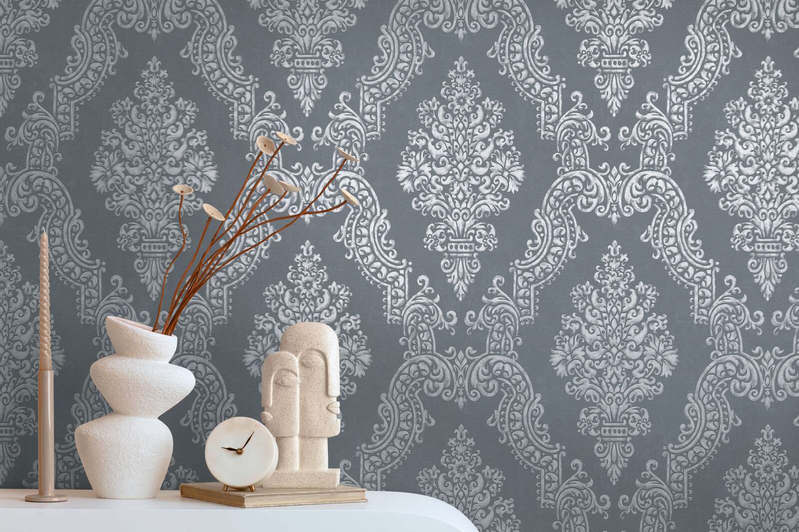             Vintage non-woven wallpaper in elegant baroque style - anthracite, grey
        