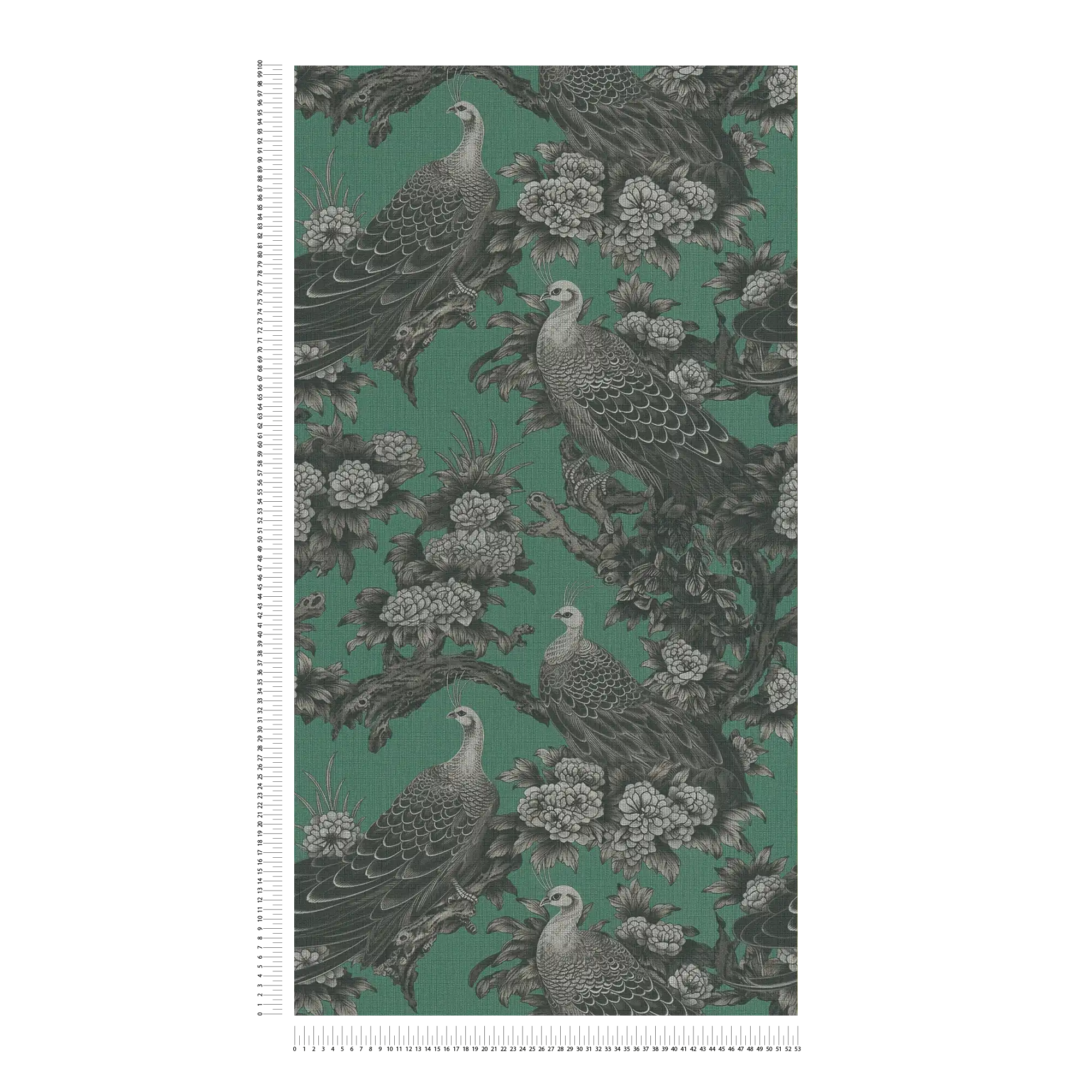             Floral pattern with birds in English country house style as non-woven wallpaper - grey, green, black
        