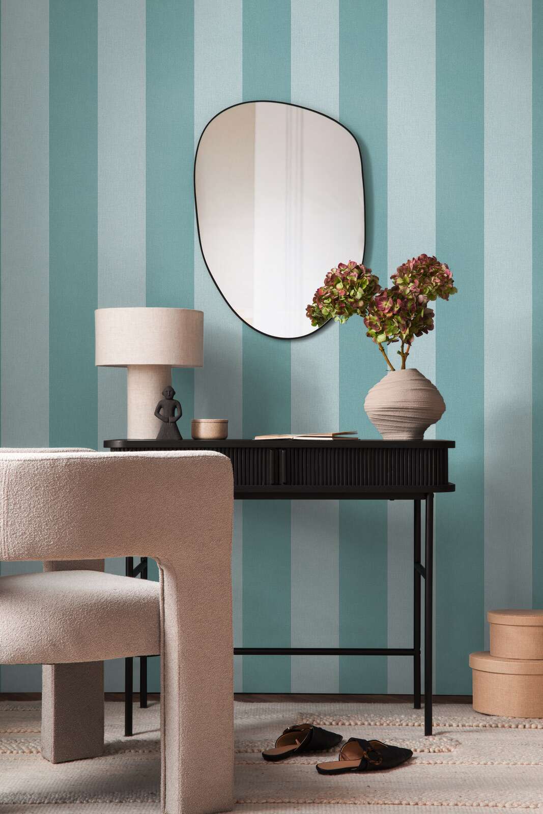             Non-woven wallpaper with block stripes and textile look - blue, turquoise
        