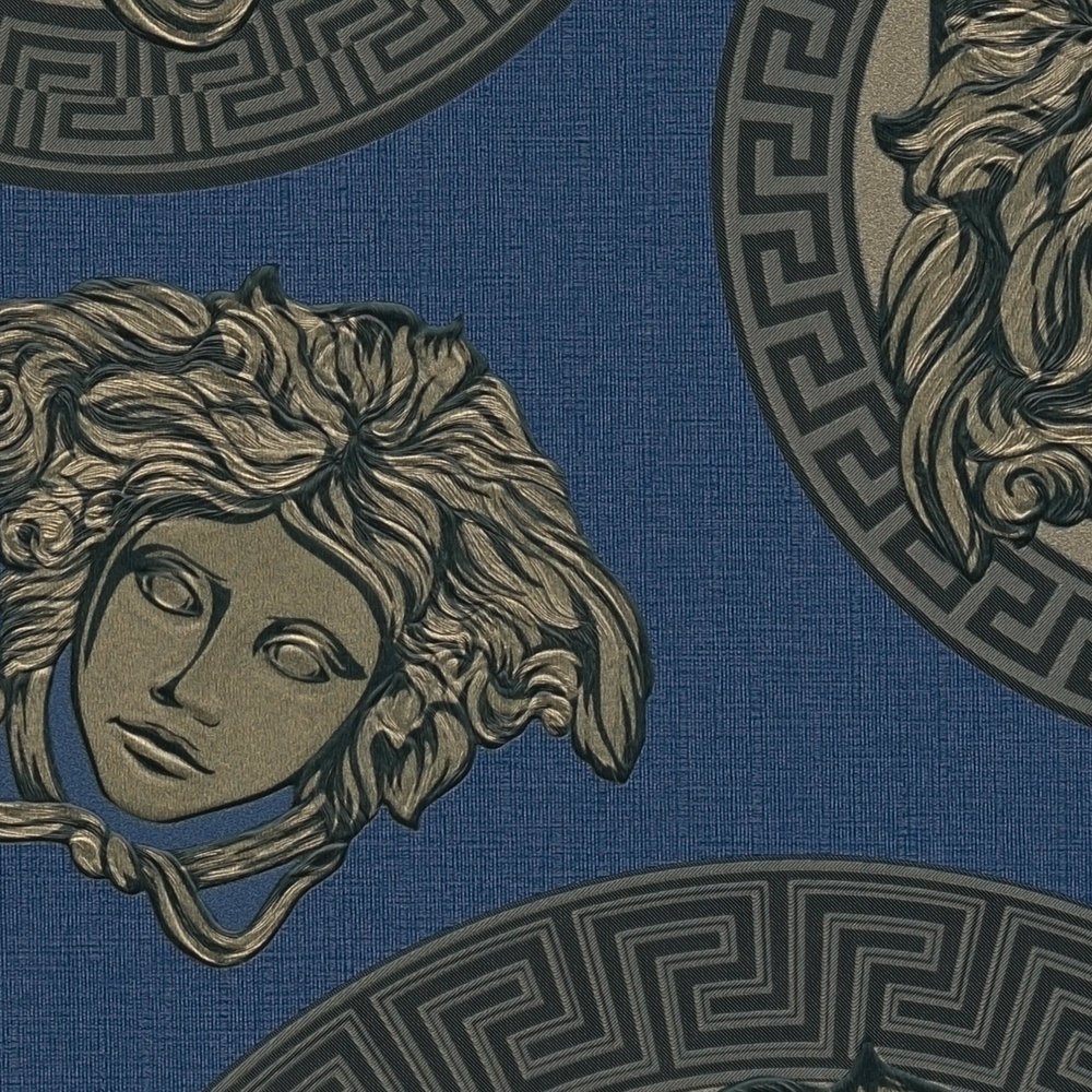             VERSACE wallpaper navy blue with Medusa design - blue, metallic
        