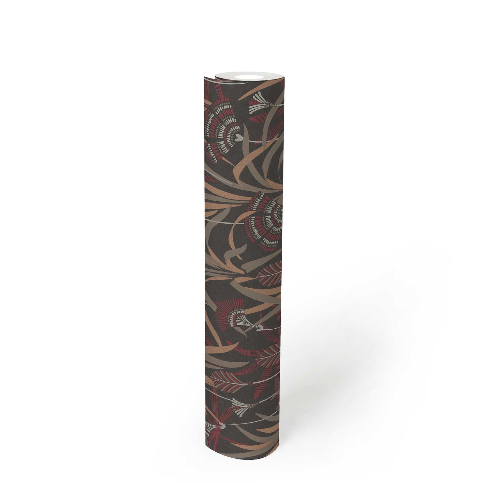             Non-woven floral wallpaper in a graphic design - metallic, black, red
        