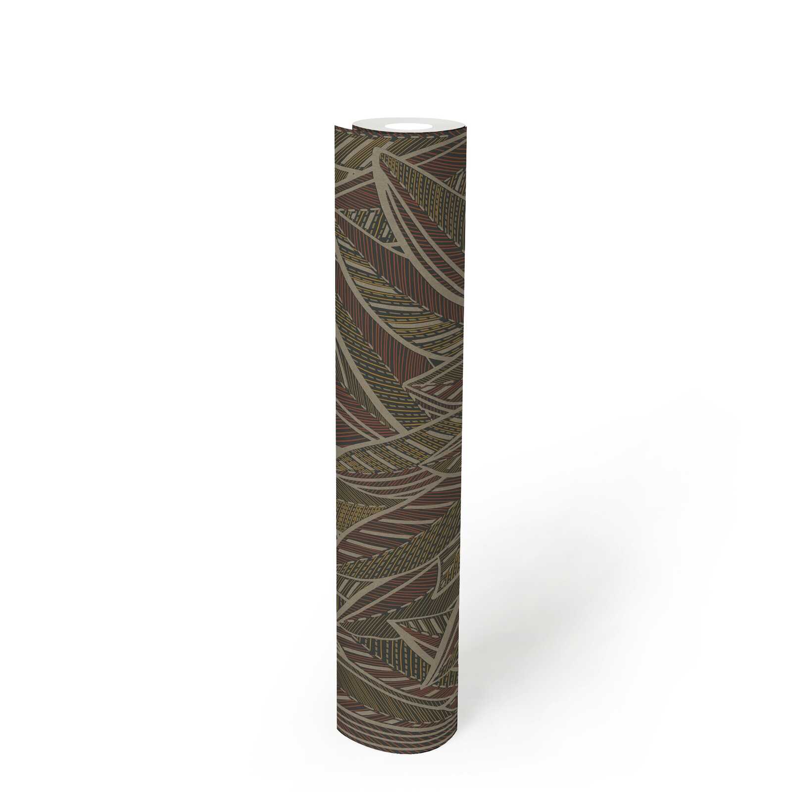             Palm leaves non-woven wallpaper with a jungle feel and glossy accents - brown, yellow, red
        