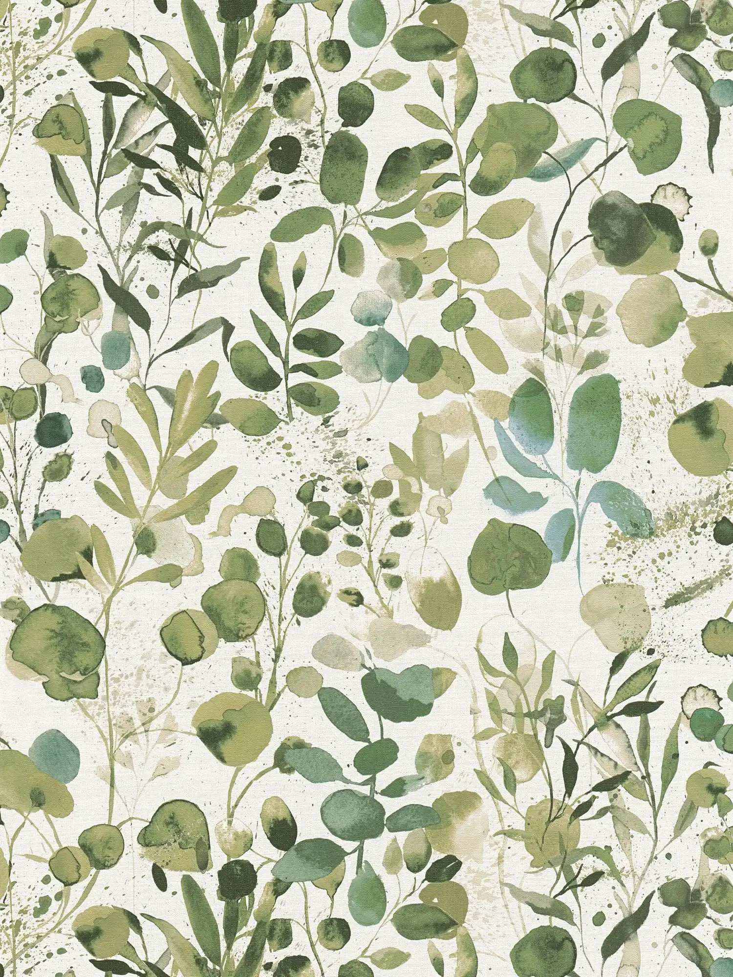 Non-woven wallpaper leaf motif with splashes of colour accents - green, blue, white
