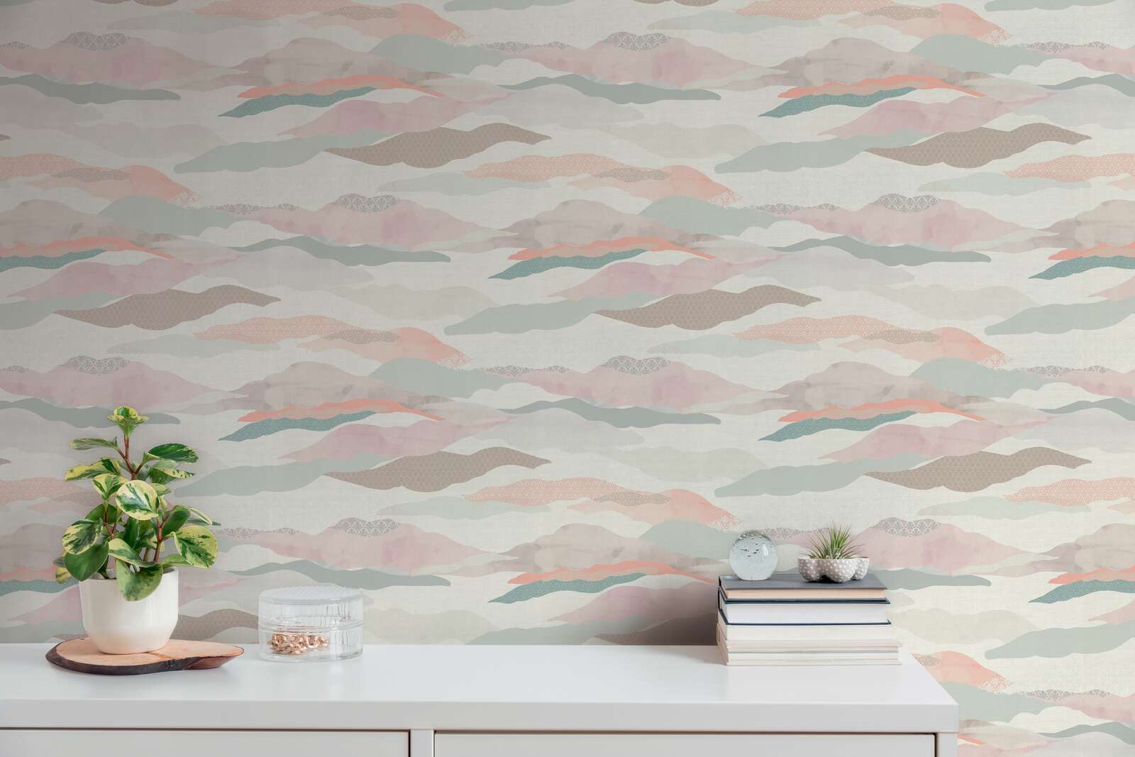             Non-woven wallpaper with graphic landscape motif - pink, blue, white
        