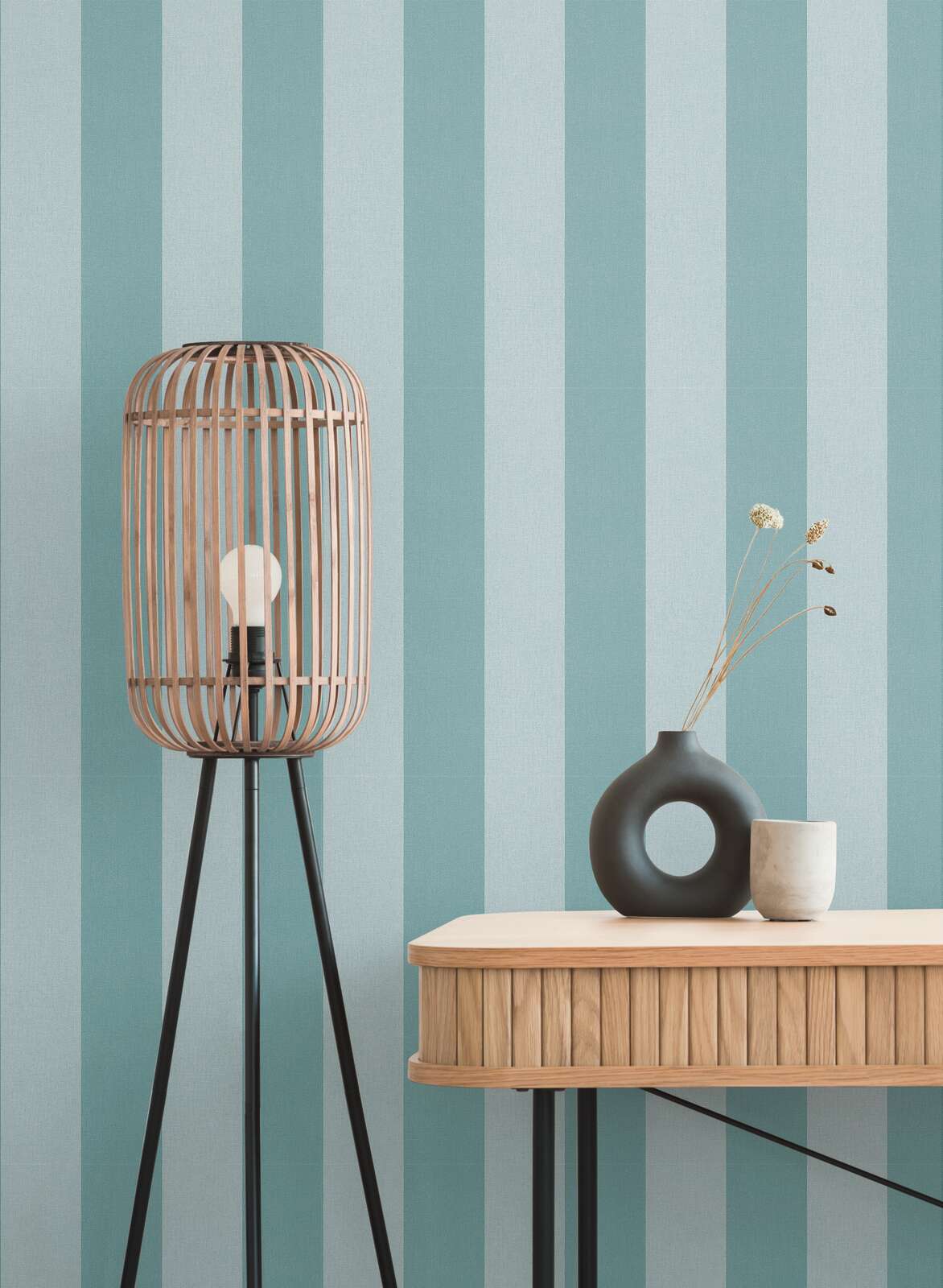             Non-woven wallpaper with block stripes and textile look - blue, turquoise
        