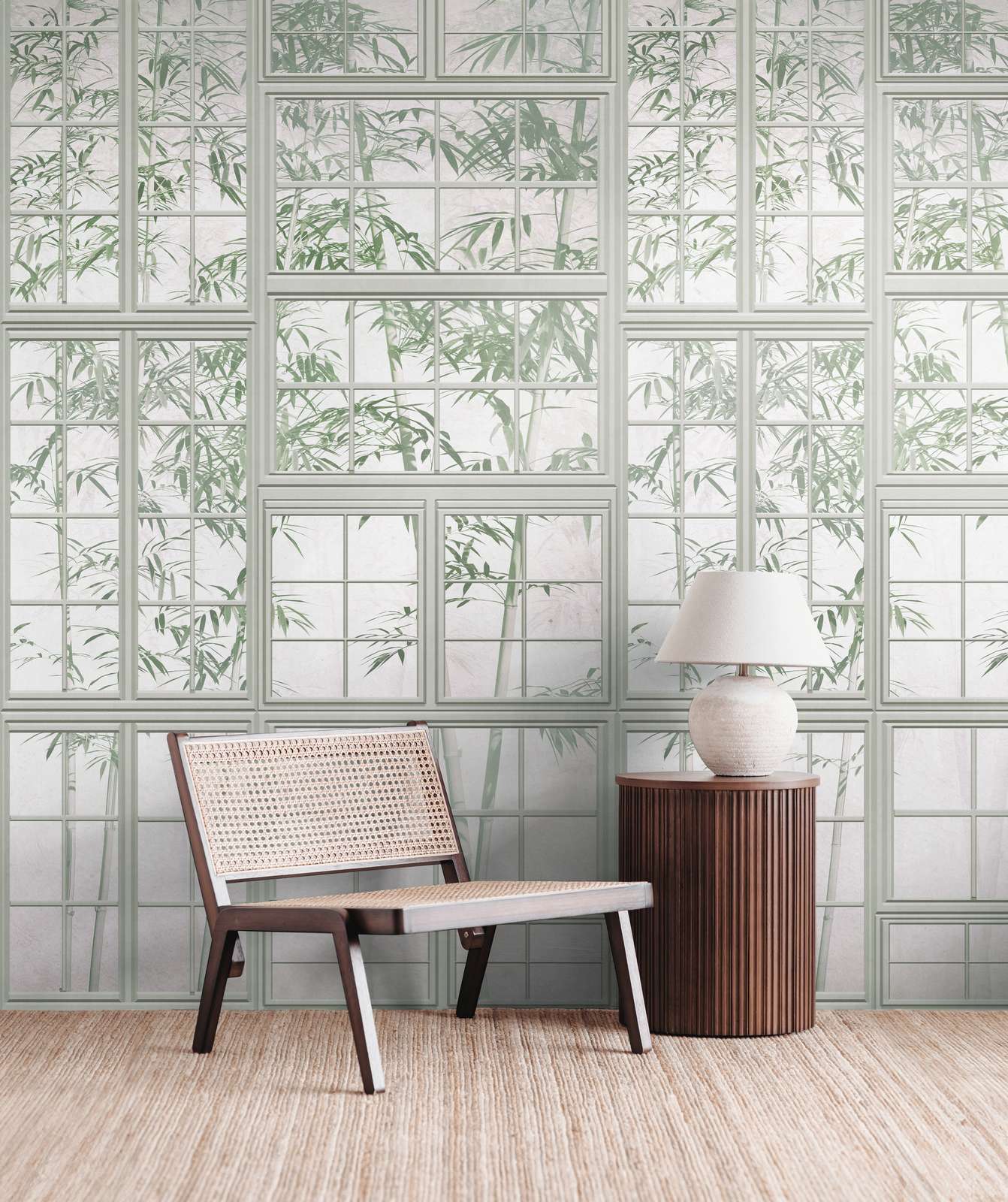             Loft panoramic window 3D non-woven wallpaper with the illusion of translucent bamboo and large-scale pattern repetition - grey, green, white
        