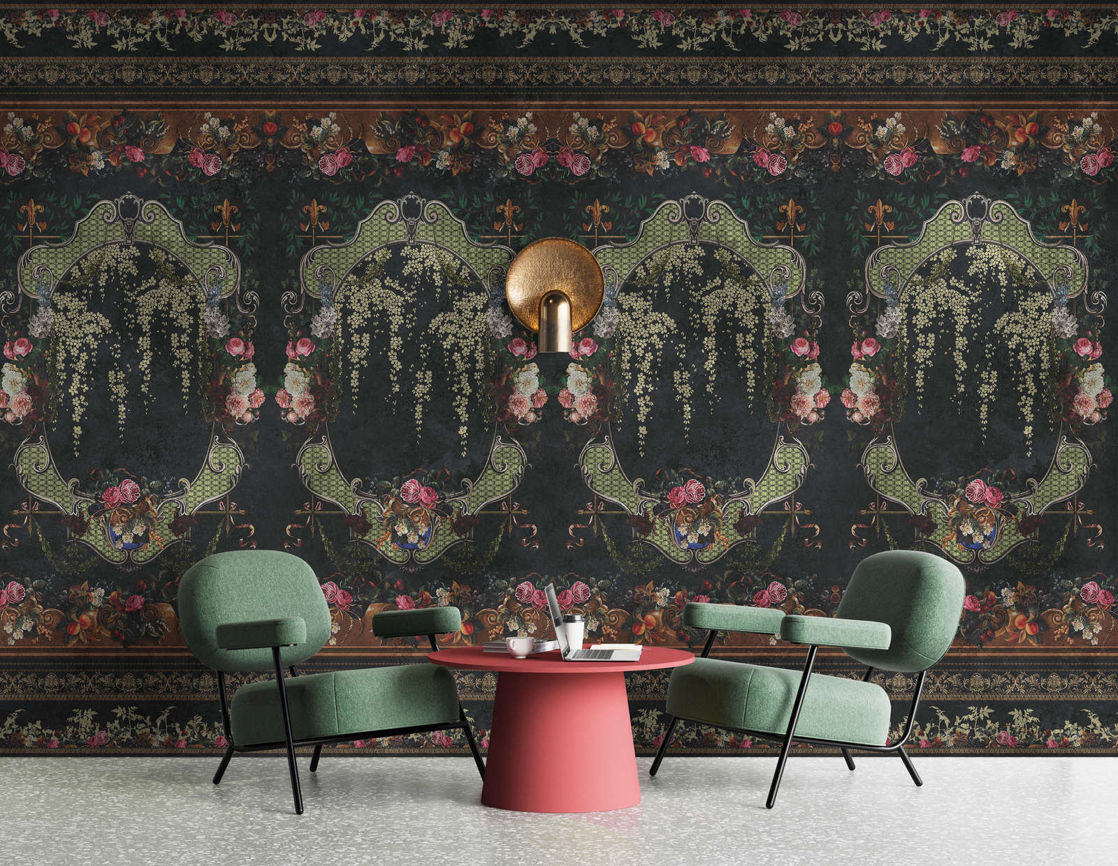             Photo wallpaper »babette« - Ornamental panelling with floral design on vintage plaster texture - red, dark blue | Smooth, slightly pearlescent non-woven fabric
        