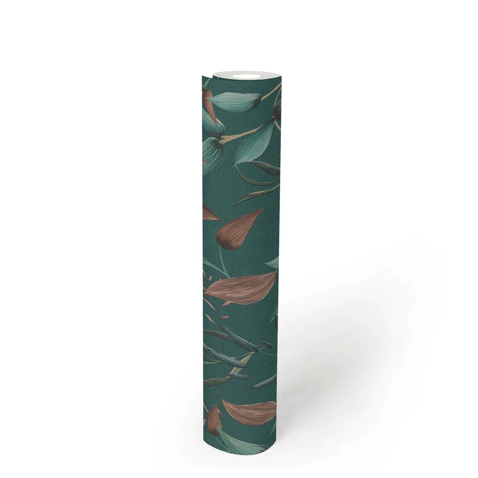             Non-woven floral wallpaper with tendril motif - green, petrol, orange
        