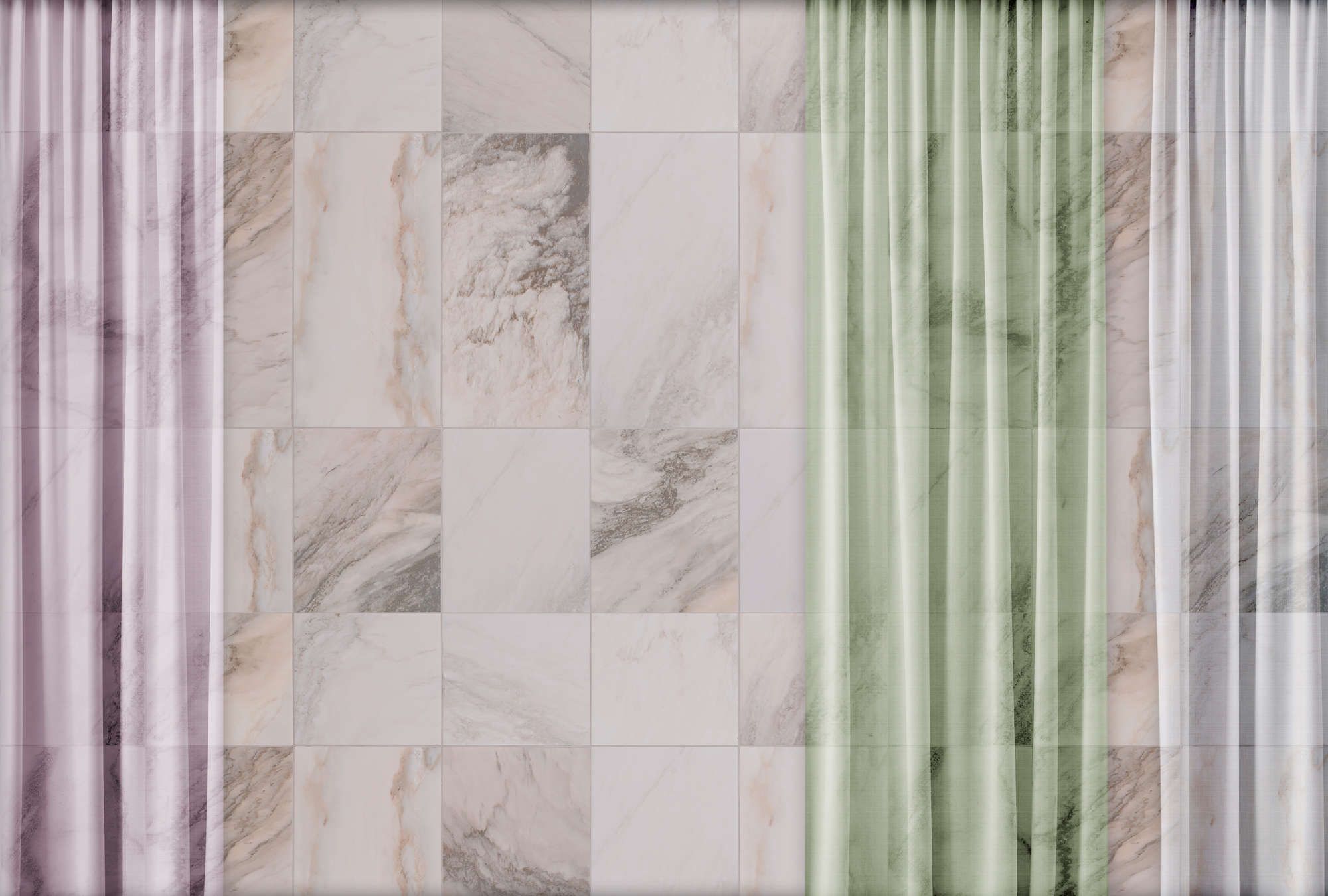             papier peint en papier panoramique »nova 2« - rideaux pastel sur mur de marbre beige - intissé mat et lisse
        