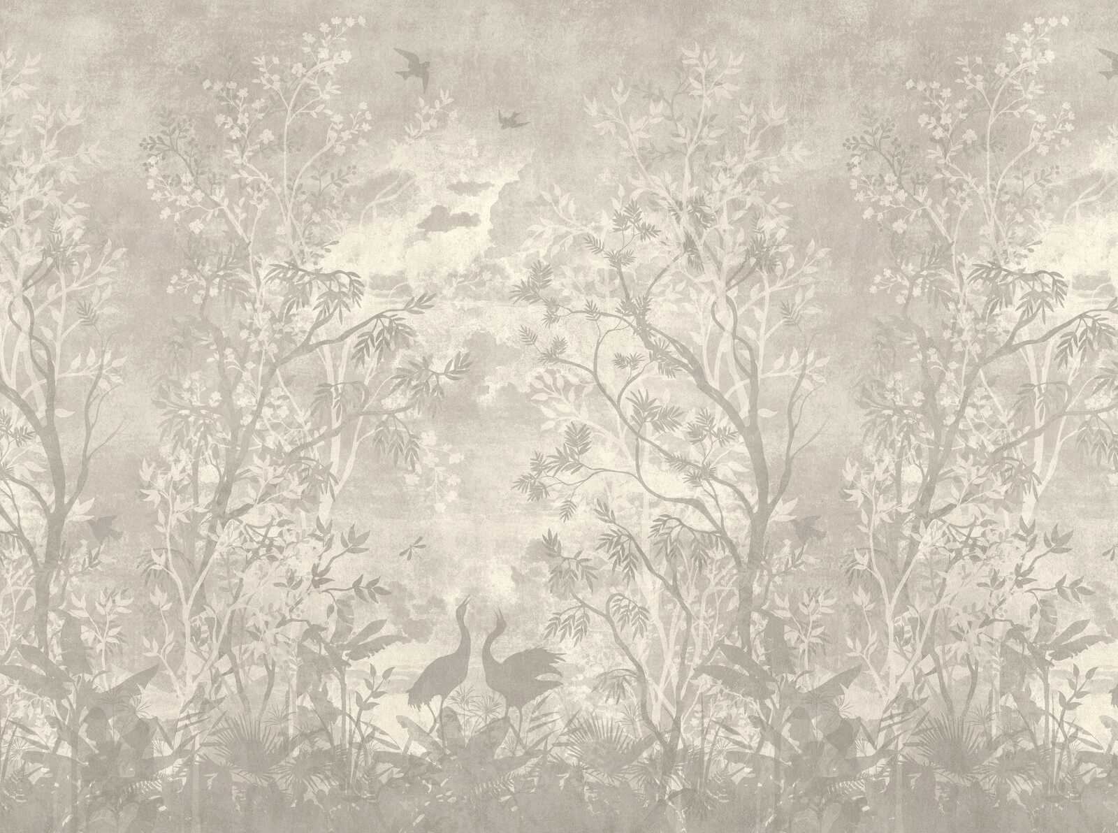             Non-woven wallpaper with mystical forest motif with trees and animals - beige, grey, cream
        