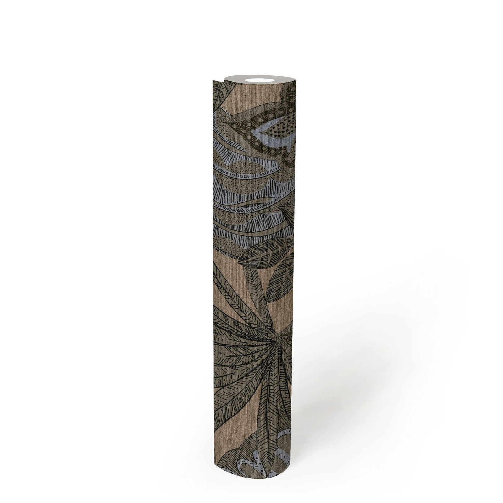             Papel pintado tejido-no tejido de diseño gráfico floral con estructura ligera, mate - gris, beige, marrón
        