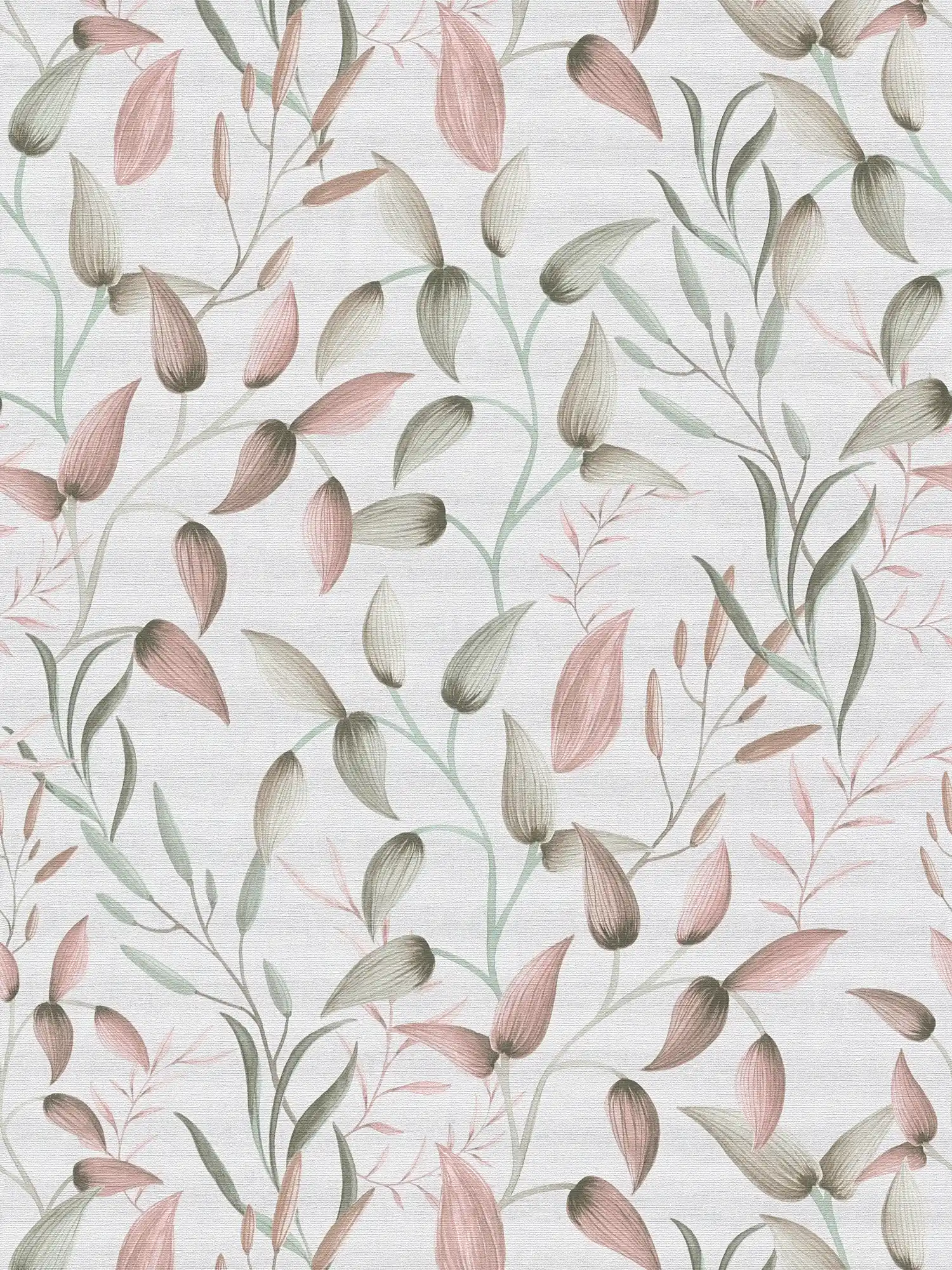 Non-woven wallpaper with soft floral tendrils - green, pink, cream
