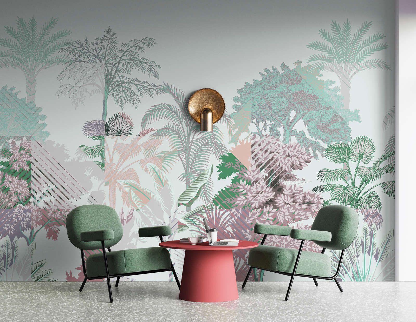             papier peint en papier panoramique »esplanade 1« - jungle patchwork avec arbustes - vert, rose | Intissé lisse, légèrement nacré
        