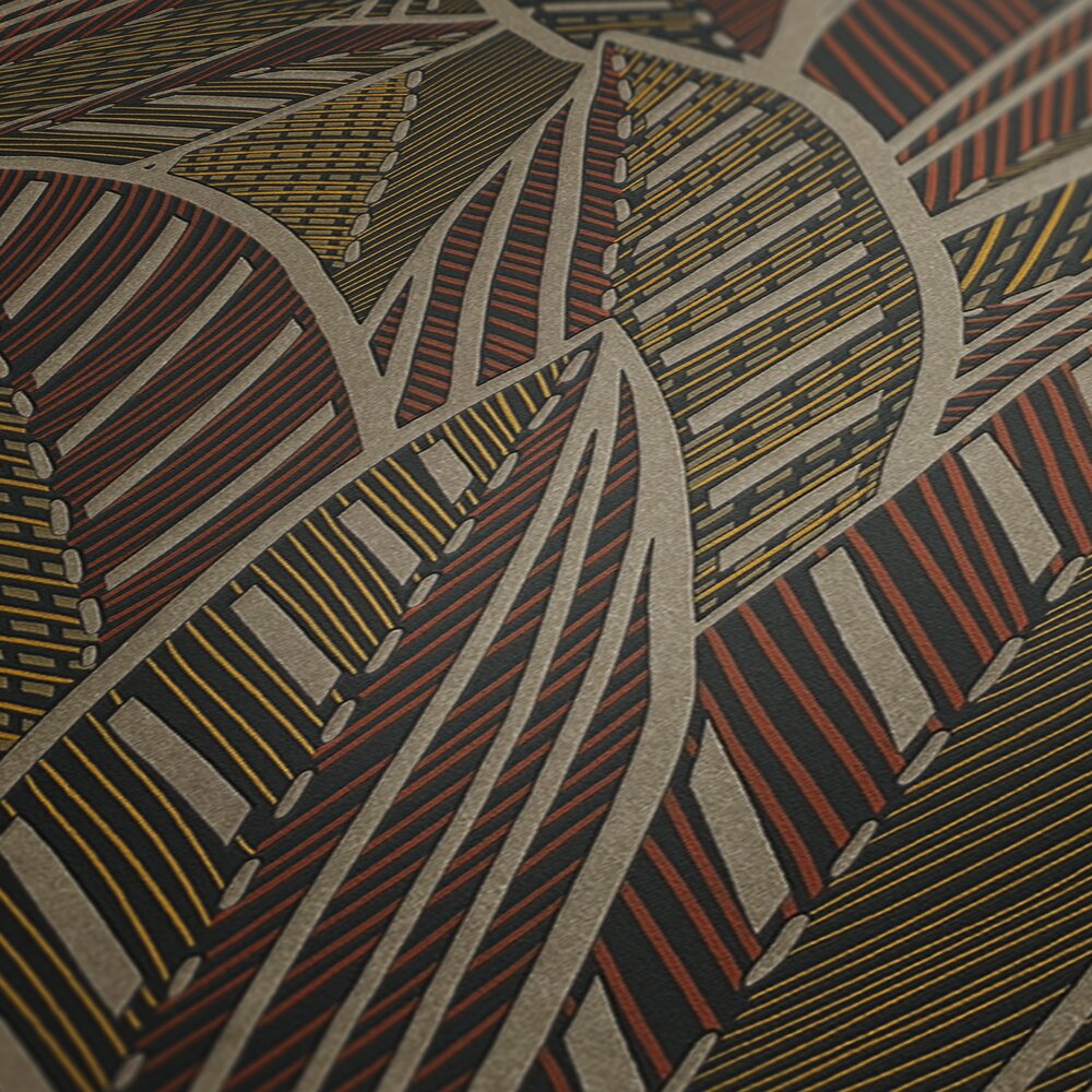             Palm leaves non-woven wallpaper with a jungle feel and glossy accents - brown, yellow, red
        