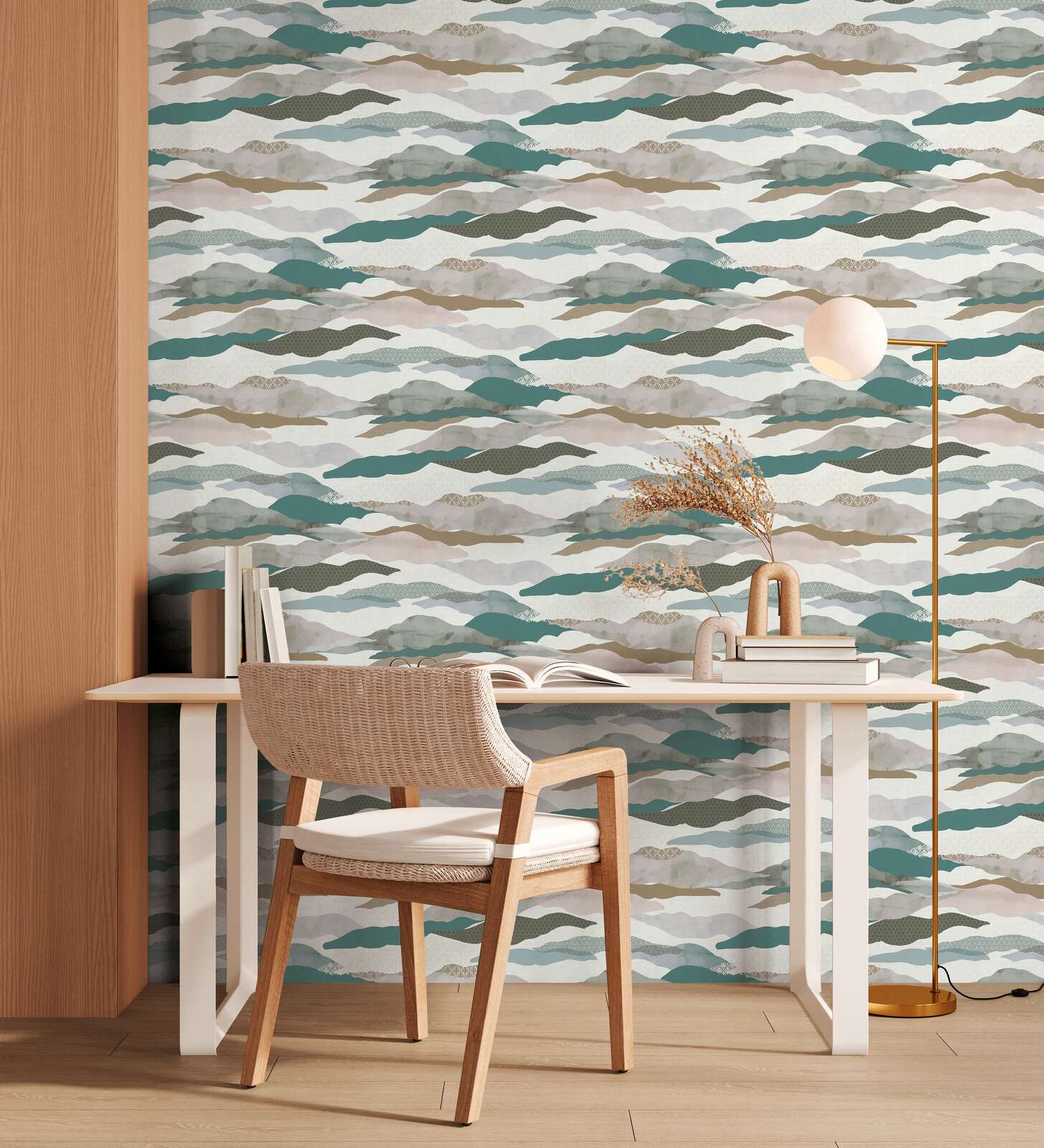             Non-woven wallpaper with abstract landscape motif - blue, grey, white
        