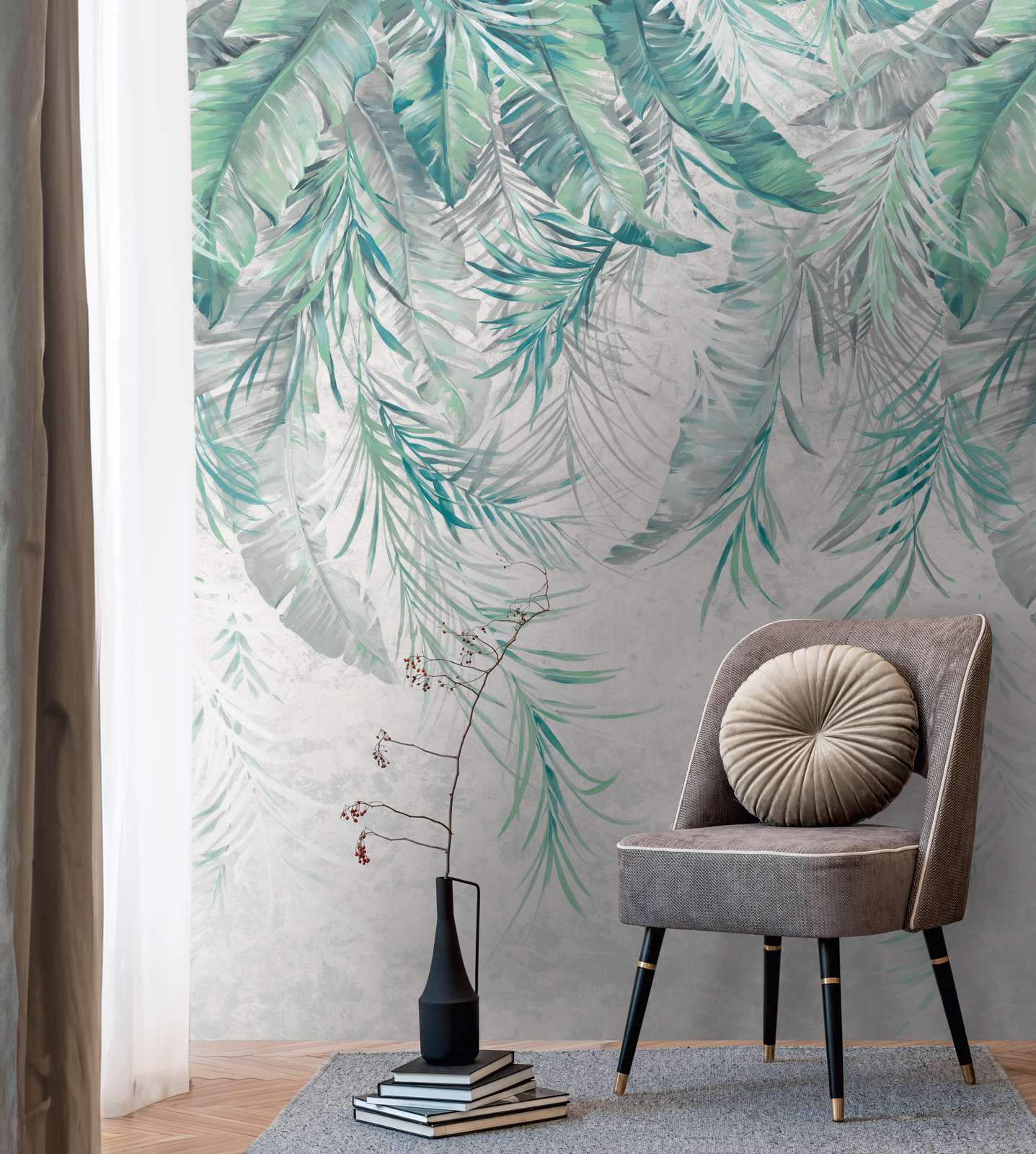             Elegant jungle non-woven wallpaper with palm leaves and large-scale pattern repetition - grey, green, blue
        