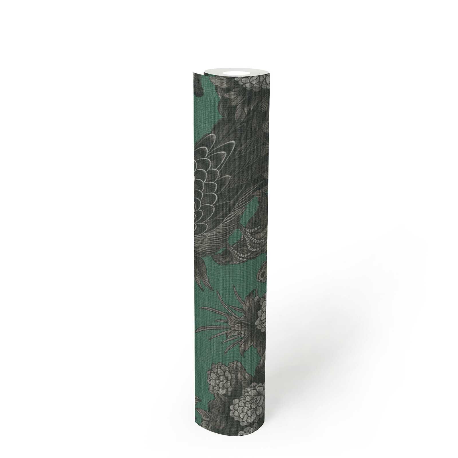             Papel pintado no tejido con motivos florales y pájaros en estilo rústico inglés - gris, verde, negro
        