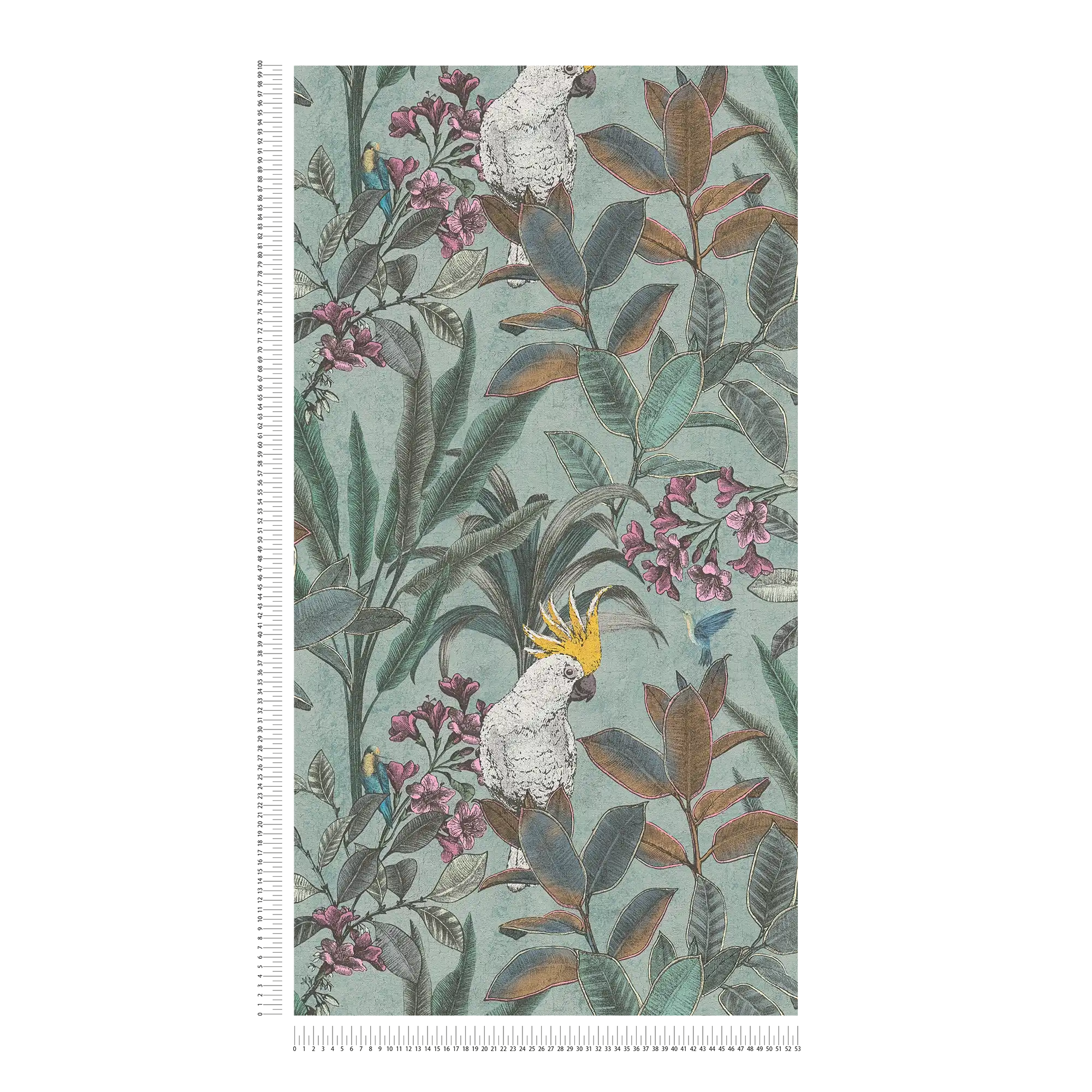             Non-woven wallpaper jungle with parrot in vintage design - green, blue, pink
        