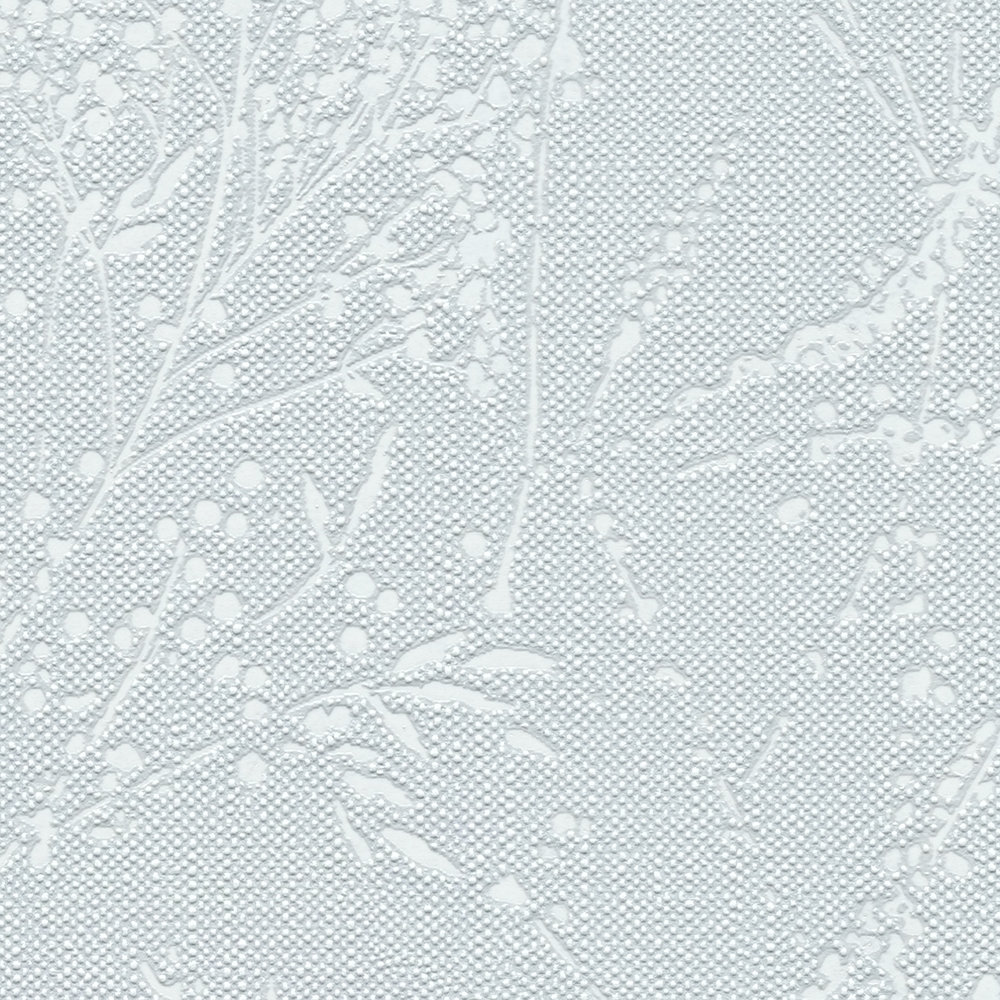             Non-woven wallpaper with glittering floral and tendril design on textile surface - light blue, white
        