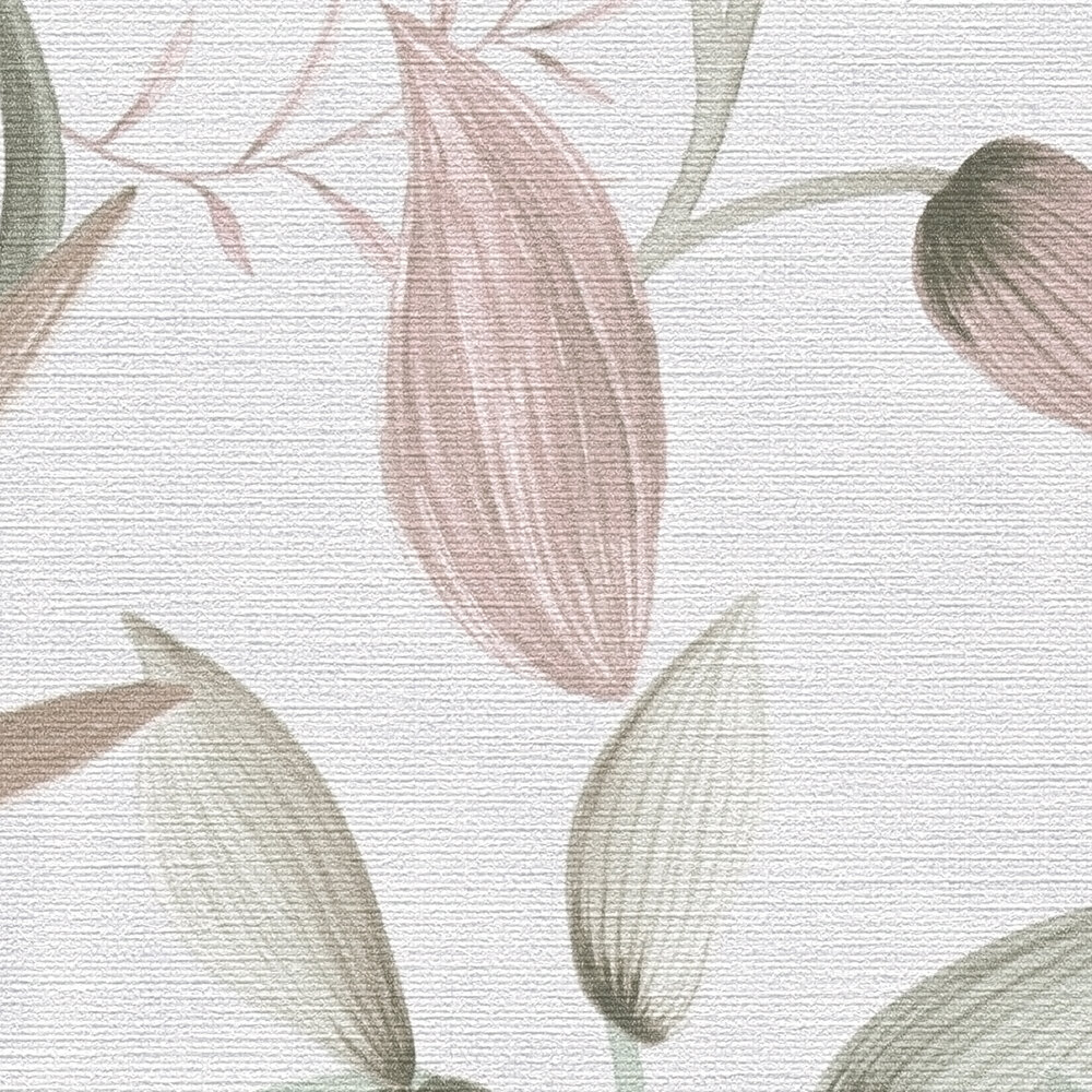             Non-woven wallpaper with soft floral tendrils - green, pink, cream
        