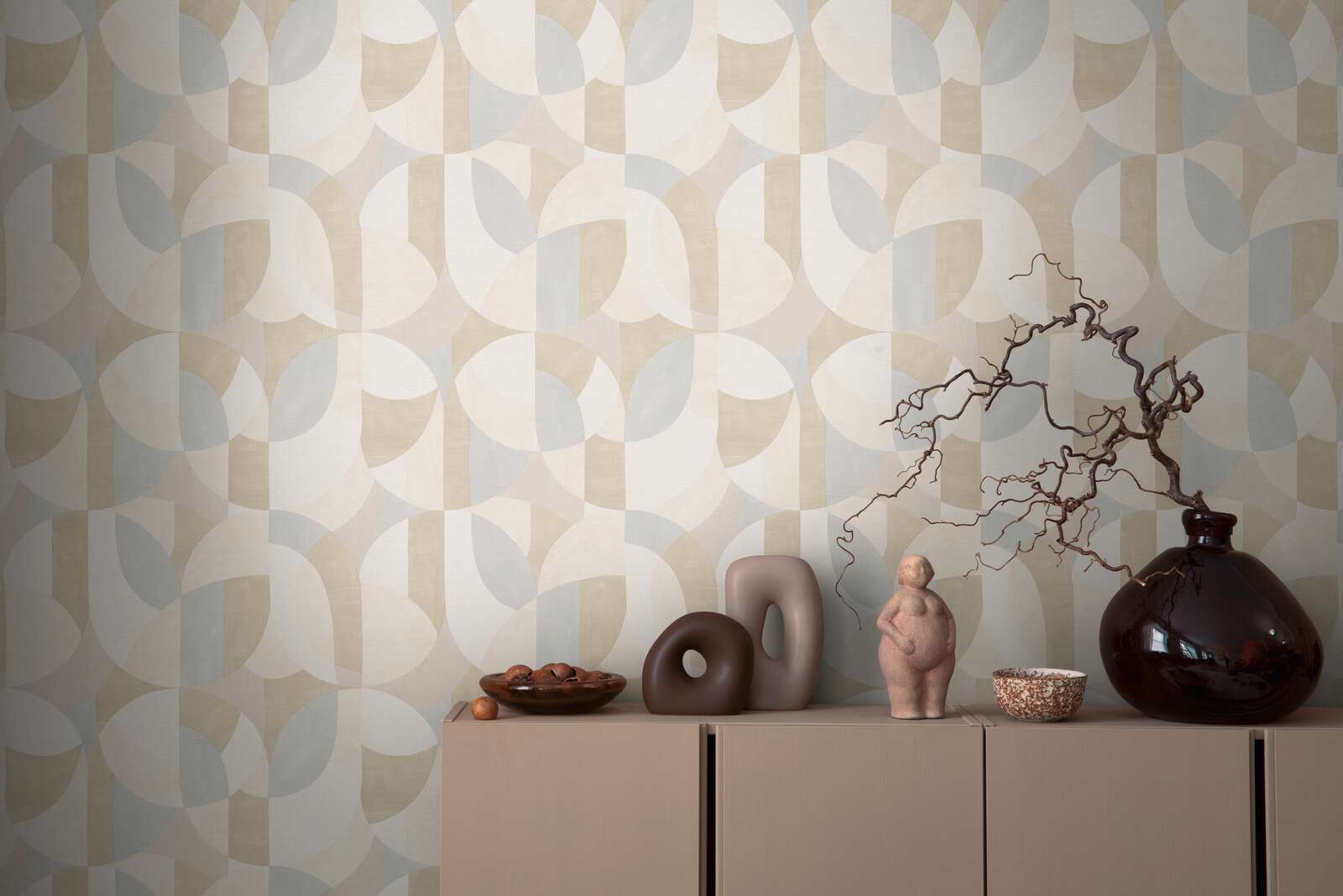             Abstract graphic non-woven wallpaper in Bauhaus style - grey, cream, beige
        