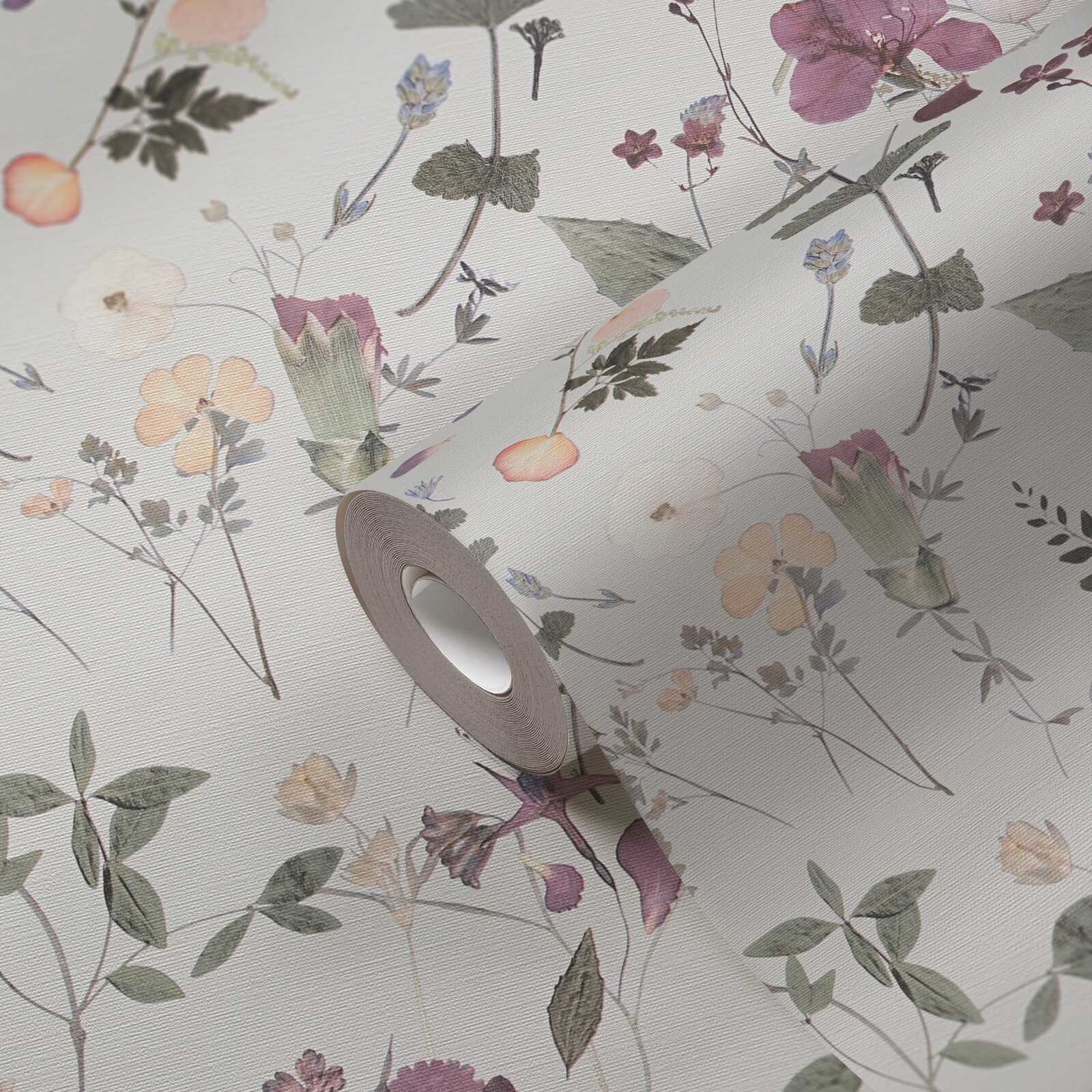             Non-woven wallpaper with blossom bouquet motif in country house style - violet, green, yellow
        