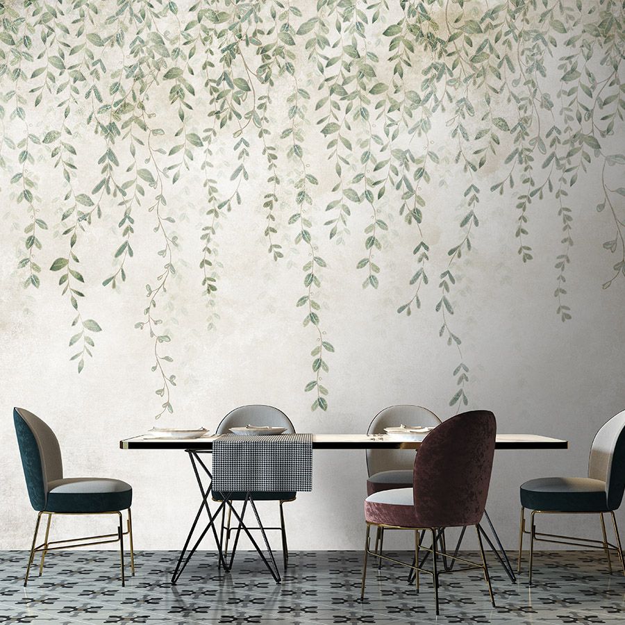 papier peint en papier panoramique »kerala« - guirlande de feuilles devant une structure d'enduit de béton - intissé mat et lisse
