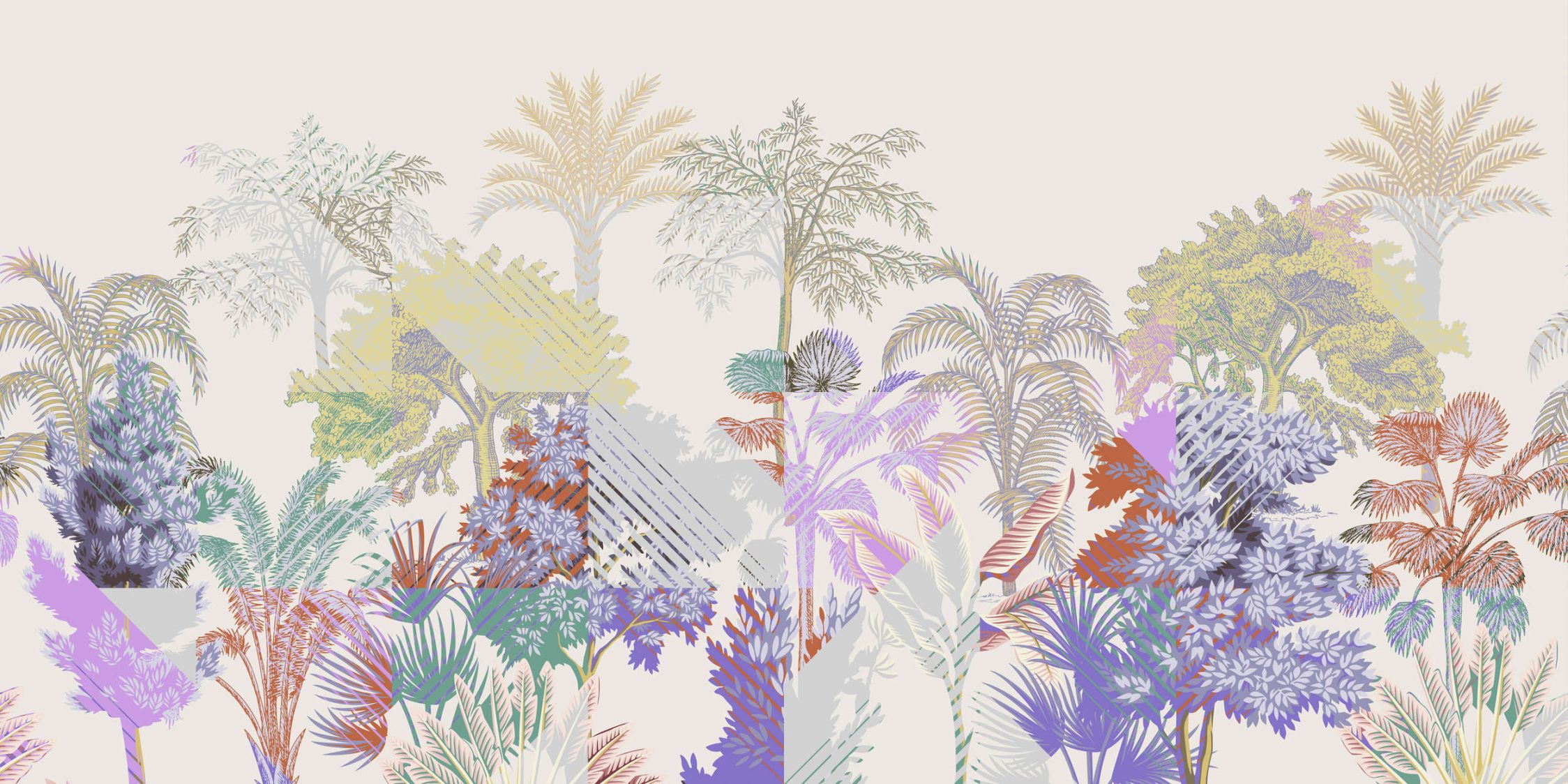             Photo wallpaper »esplanade 2« - jungle patchwork with bushes - colourful | Smooth, slightly pearly shimmering non-woven fabric
        