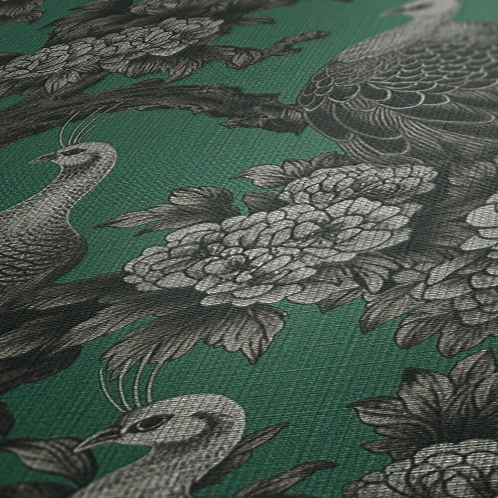             Floral pattern with birds in English country house style as non-woven wallpaper - grey, green, black
        